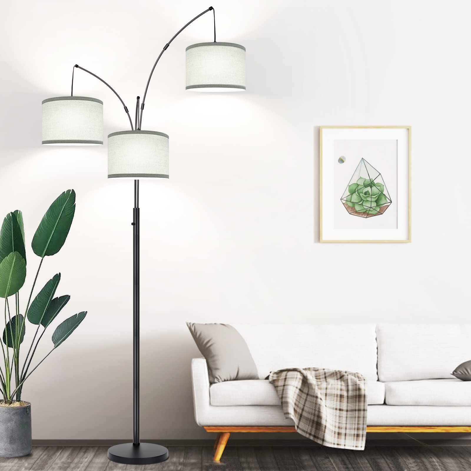 Nintiue Dimmable Floor Lamp - 3 Lights Arc Design, Metal, Matte Black with Gray Linen Shades, Model F1378