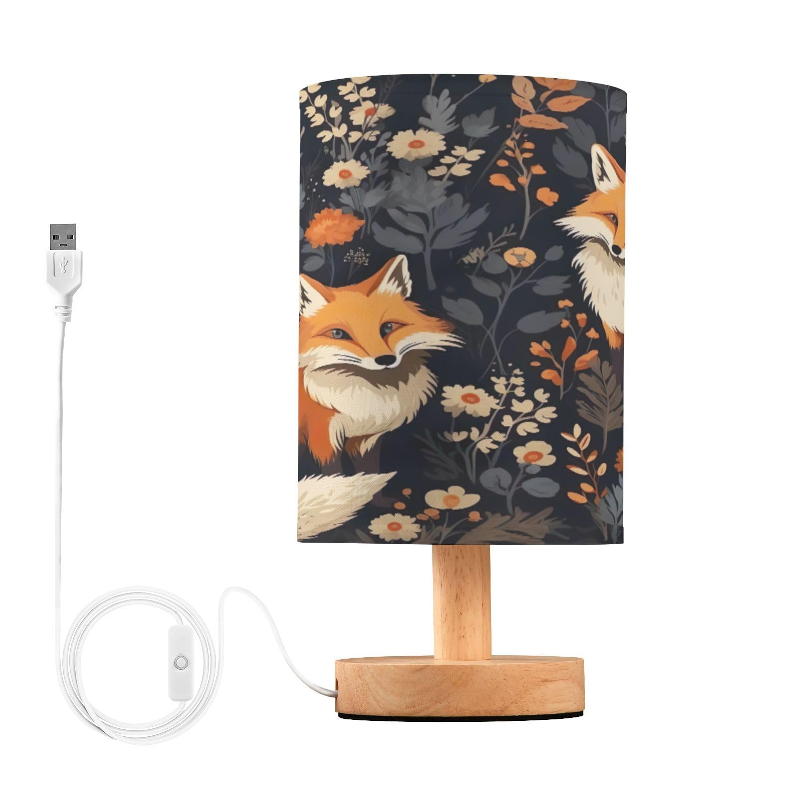 Goodold Cute Foxes Led Table Lamp - Modern Minimalist Bedside Lamp With Round Flaxen Fabric Shade For Nightstand, Perfect For Be