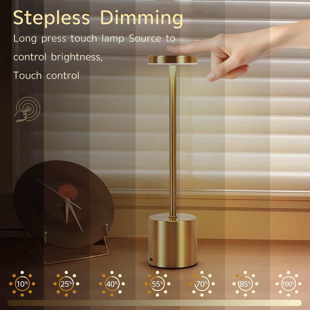 Xih 2 Pack Led Rechargeable Cordless Table Lamps Portable Outdoor 5000 Mah Battery Operated Table Light Touch Control 3 Color Dimmable Touch Lamp For Patio/Cofee/Restaurant/Camping/Dining/Bedroom-Gold