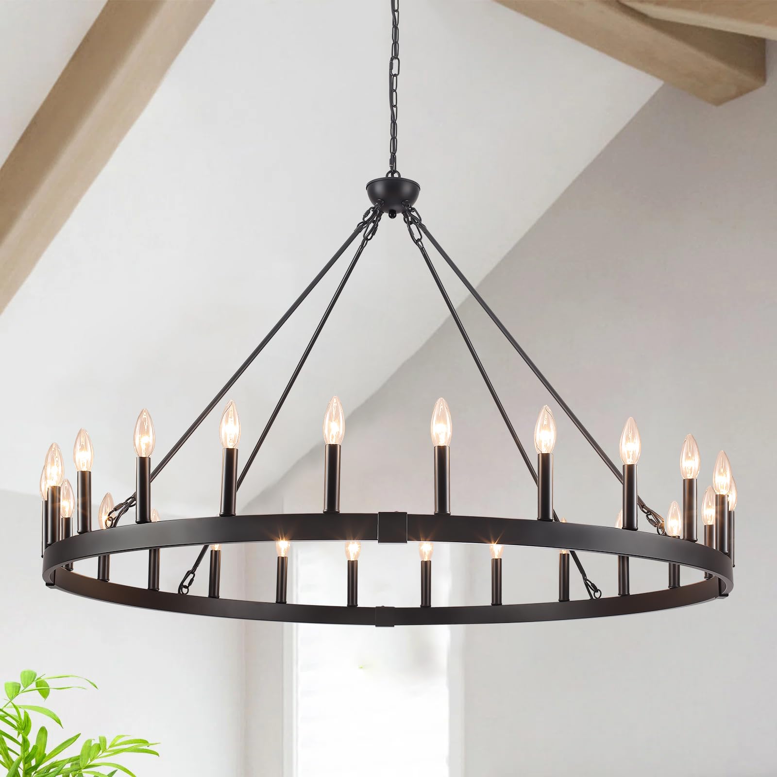 Rviezza 24-Light Black Wagon Wheel Chandelier Farmhouse, 48'' Extra Large Chandeliers for High Ceilings, Round Matte Black Chand