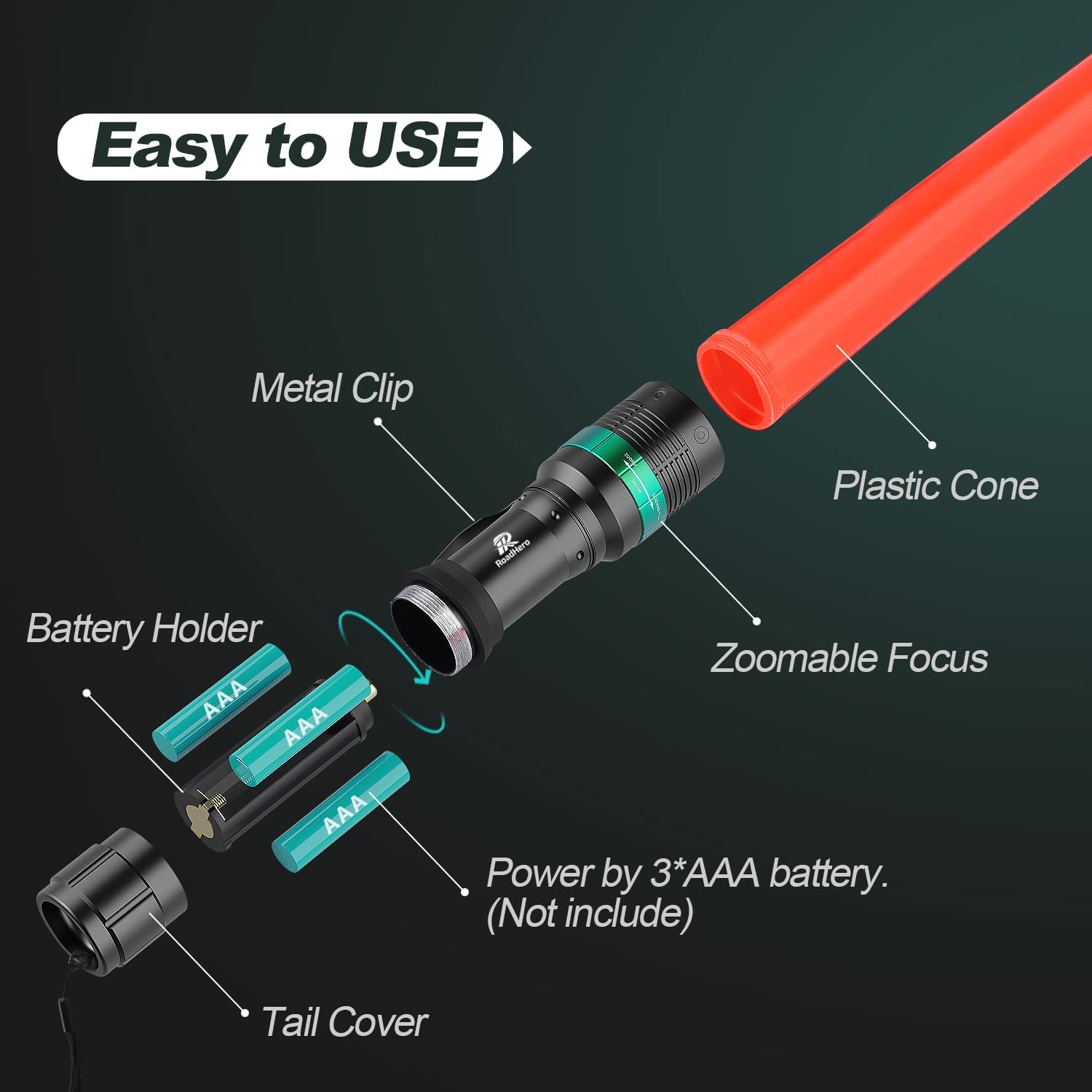 RoadHero Traffic Wand 2 Pack, 16" LED Flashlight Baton, Orange Safety Wands, 5 Flashing Modes, Air Marshaling Light