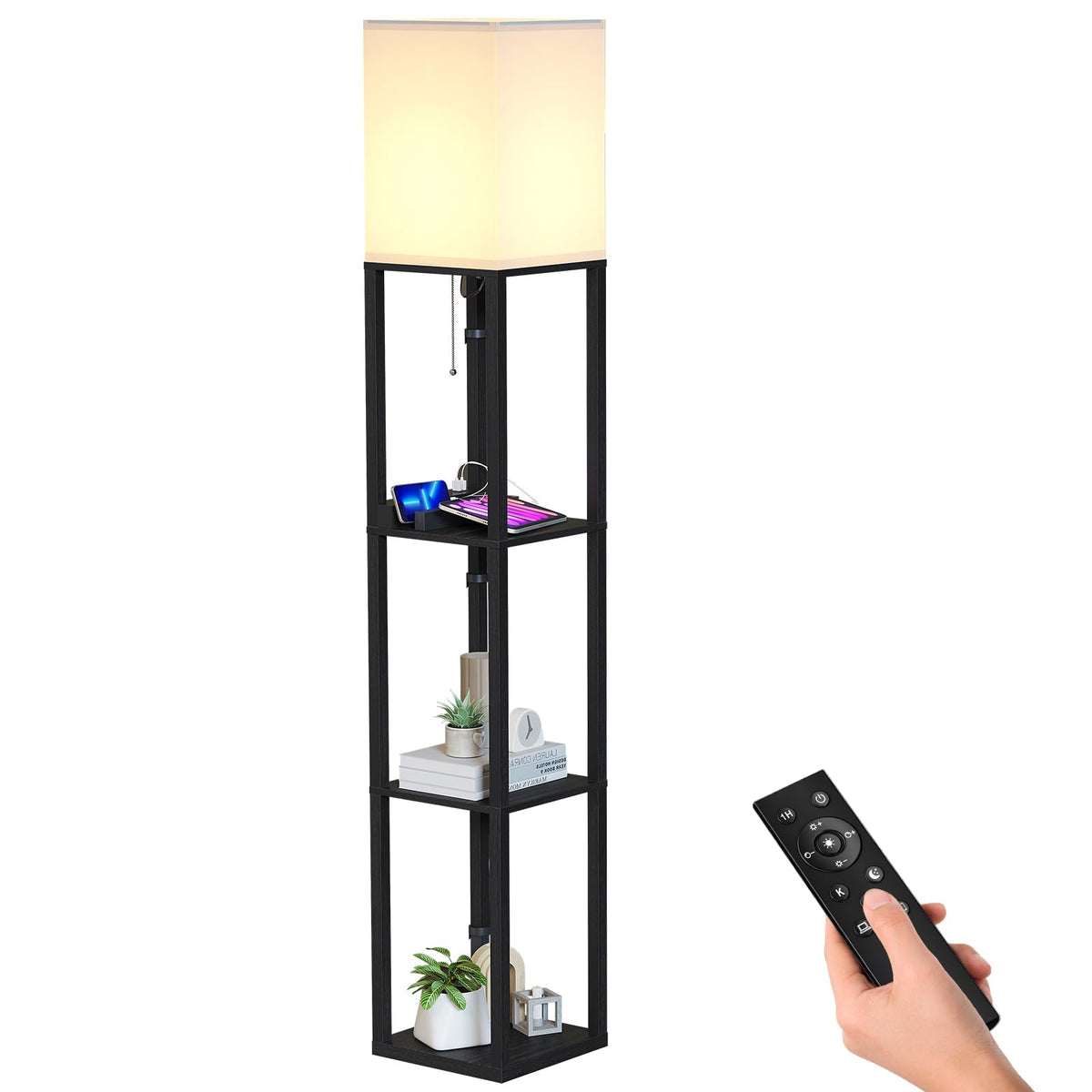 Sunmory Shelf Lamp With Remote Control, Stepless Color Temperature & Dimmable, Floor Lamp With Shelves With 2 Usb Charging Ports