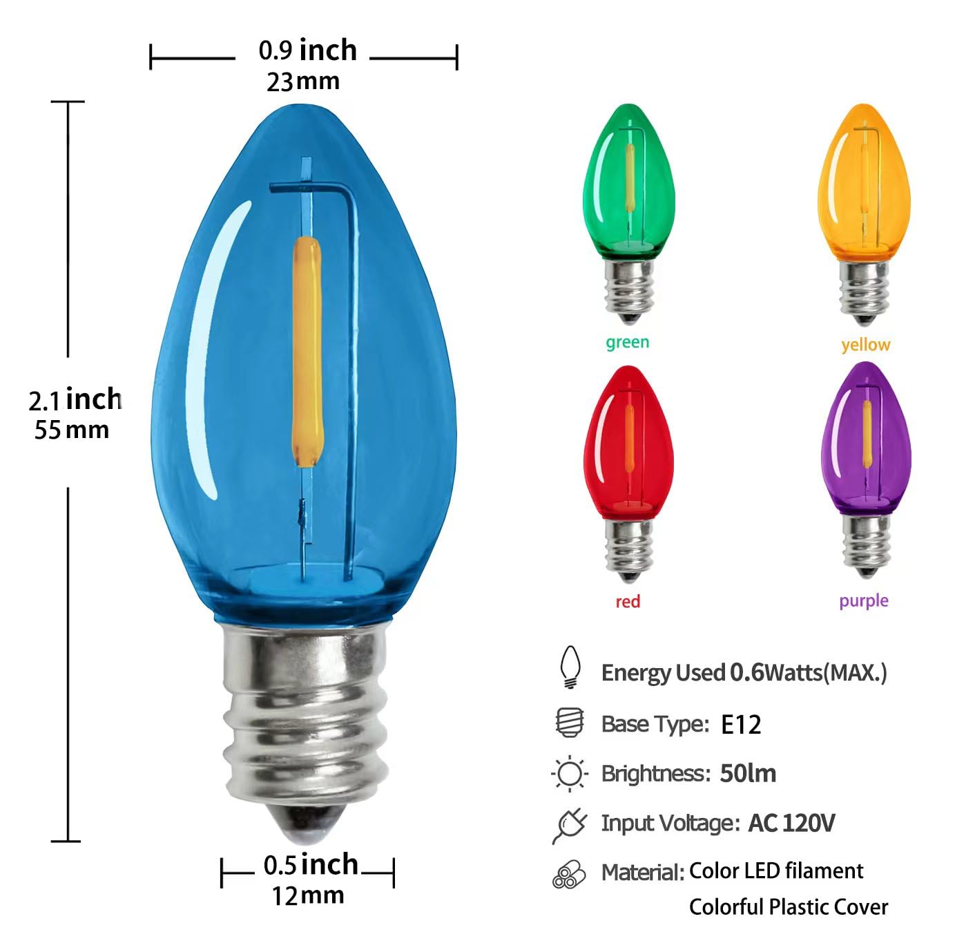Multicolor C7 Christmas Replacement Led Light Bulbs, E12 Chandelier Base Commercial Grade Holiday Bulbs, 5W 6W 7W Incandescent E