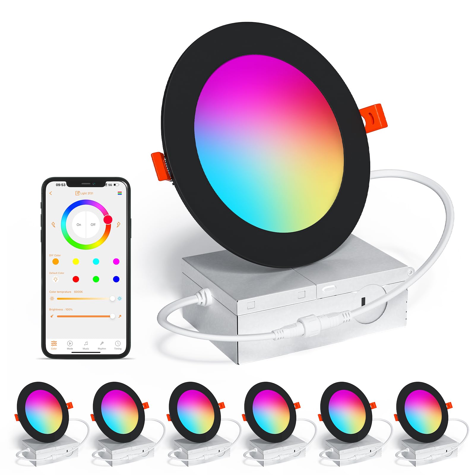 Siksog Smart Recessed Lighting 4 Inch Black Rgbcw Color Changing 12W Led Downlight With Junction Box,1000 Lumen Recessed Ceiling