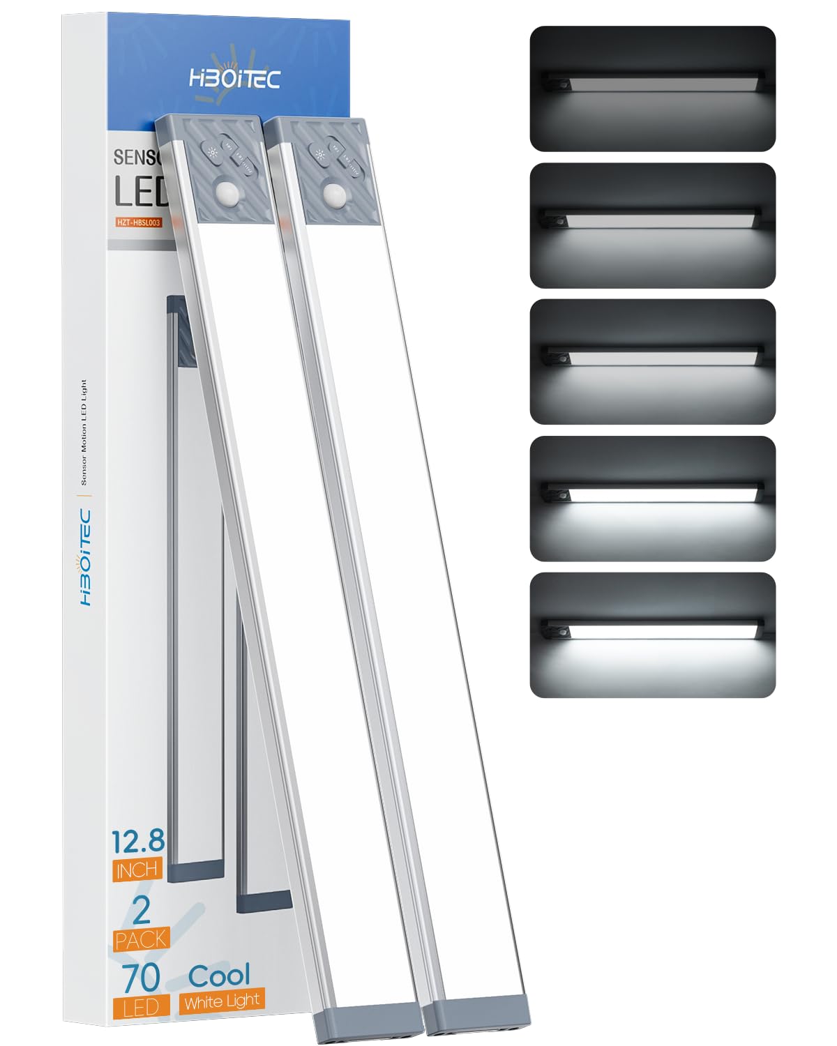 HIBOITEC Under Cabinet Lighting Rechargeable Closet Light Wireless Motion Sensor Lights Indoor, 70 LED Dimmable Magnetic Light Under Counter Light for Kitchen, 2 Pack, Cool White Light, 12.8 inch