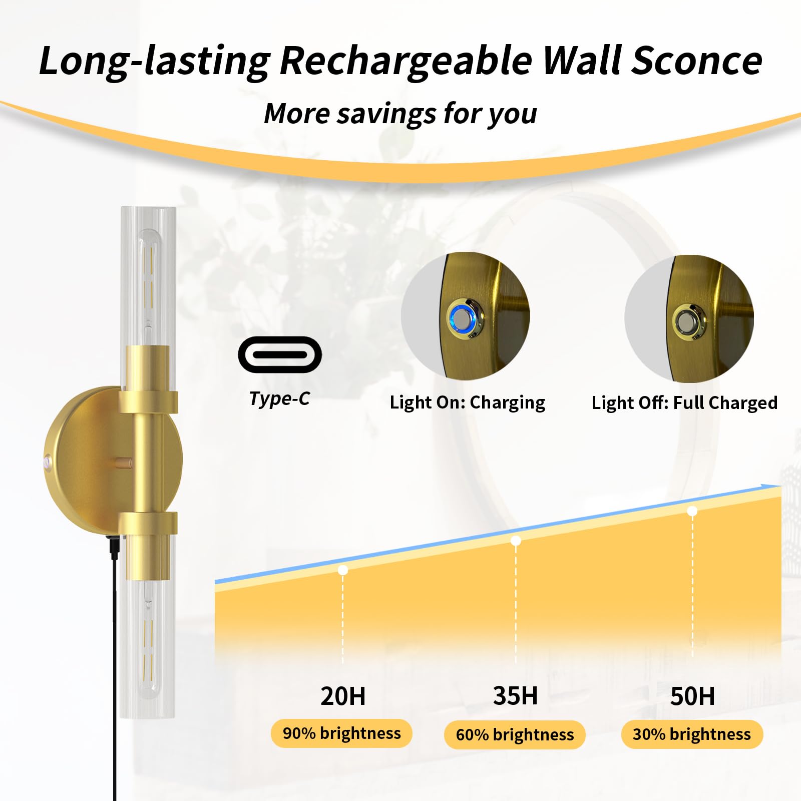 ThyFenno Dimmable Wall Sconce Set of Two, Rechargeable, Touch Control, Gold, Glass, Model TF-1T L3