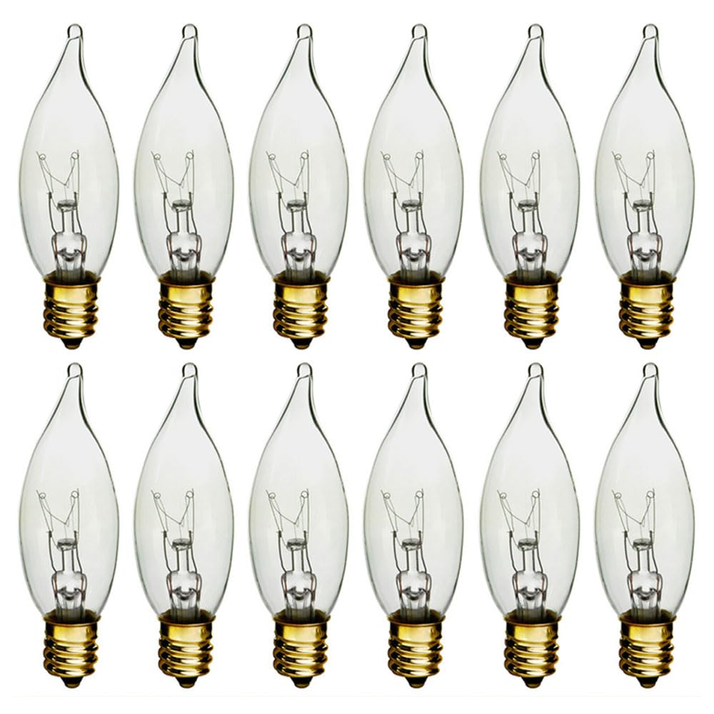 12 Pc Candelabra Night Light Bulbs 60 Watt Clear Flame Tip 120V Decor Chandelier Indoor Lighting Nightlight Turn Tip Flame Curve