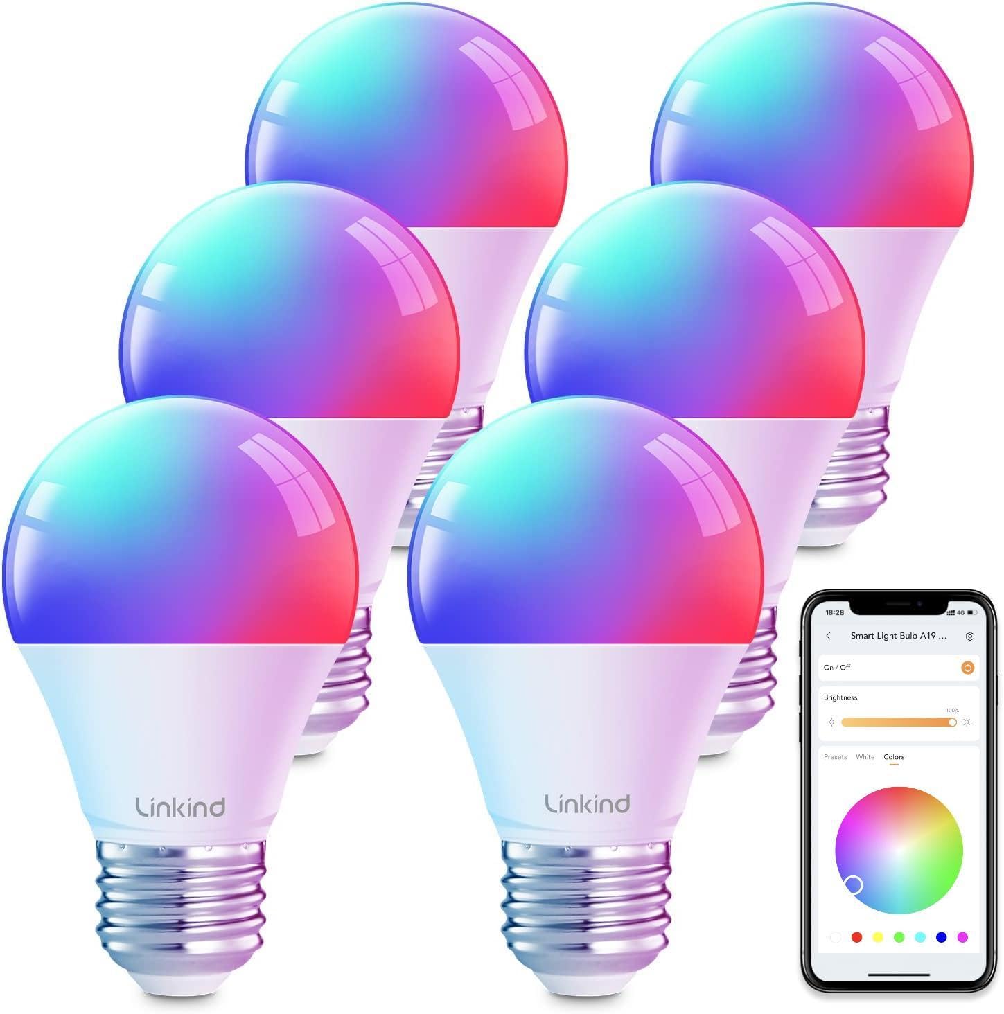 Linkind Smart Wifi Light Bulbs, Color Changing A19 E26 Dimmable, 800 Lumen, 6 Pack, Multi-Colored, No Hub Needed, Works With Alexa & Google Home