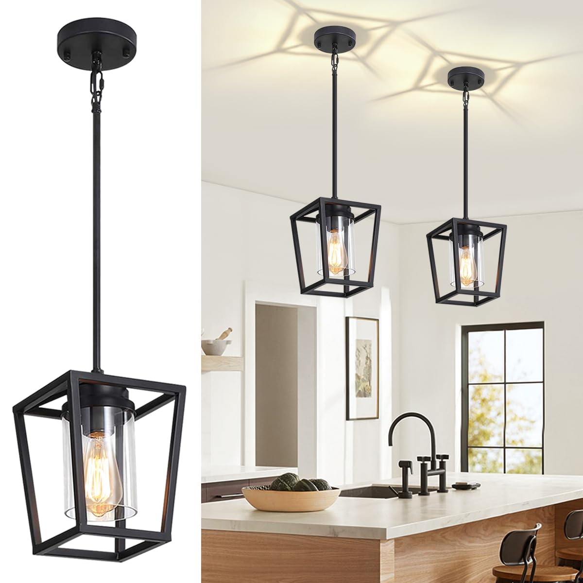 ZSMIHDOH 2 Pack Black Pendant Lights Kitchen Island, Modern Glass Kitchen Pendant Lighting Over Island Farmhouse Kitchen Hanging