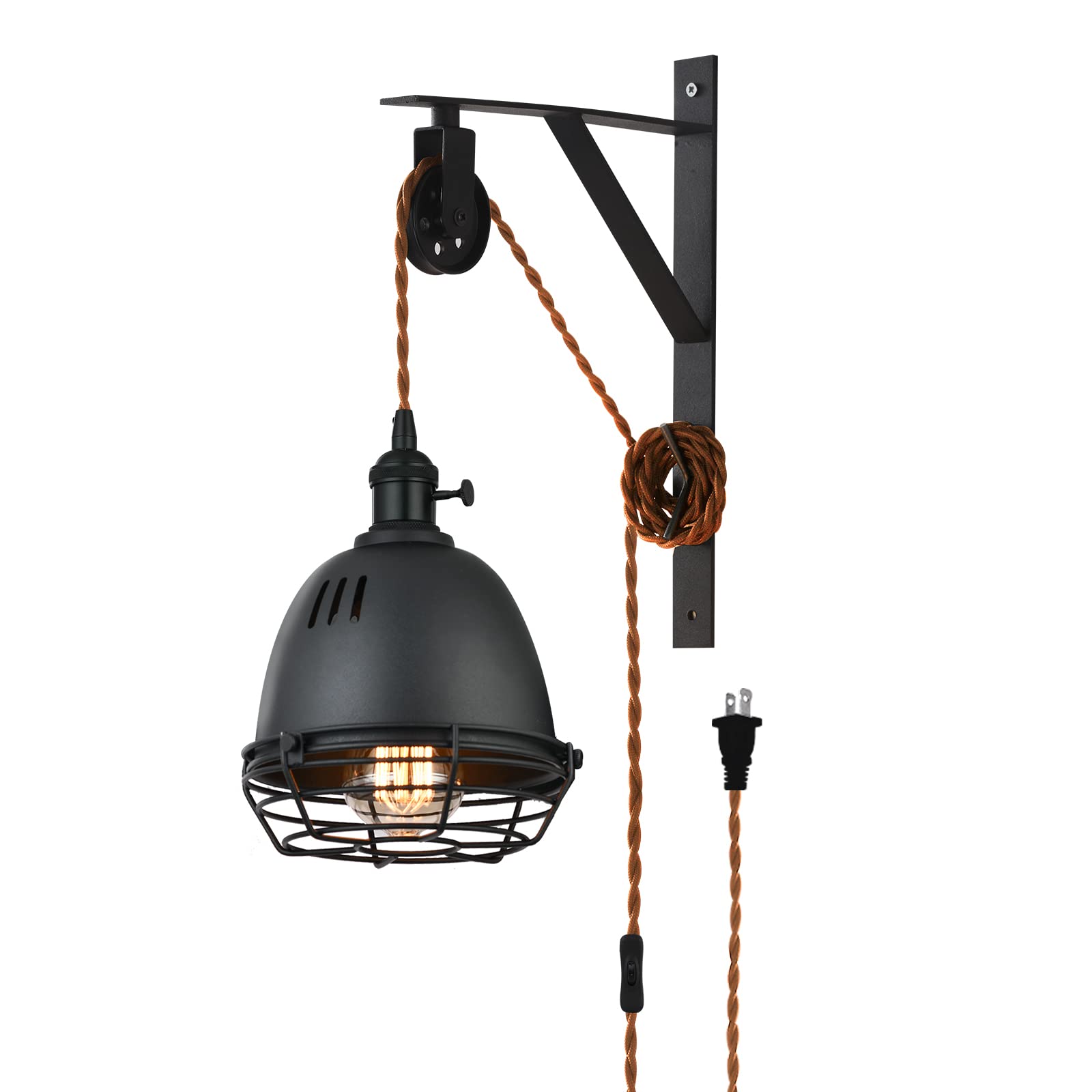 Seeblen Vintage Design Industrial Wheel Farmhouse Wall Mount Pulley Wall Pendant Lamp With 7-Foot Brown Plug And Switch, Adjusta
