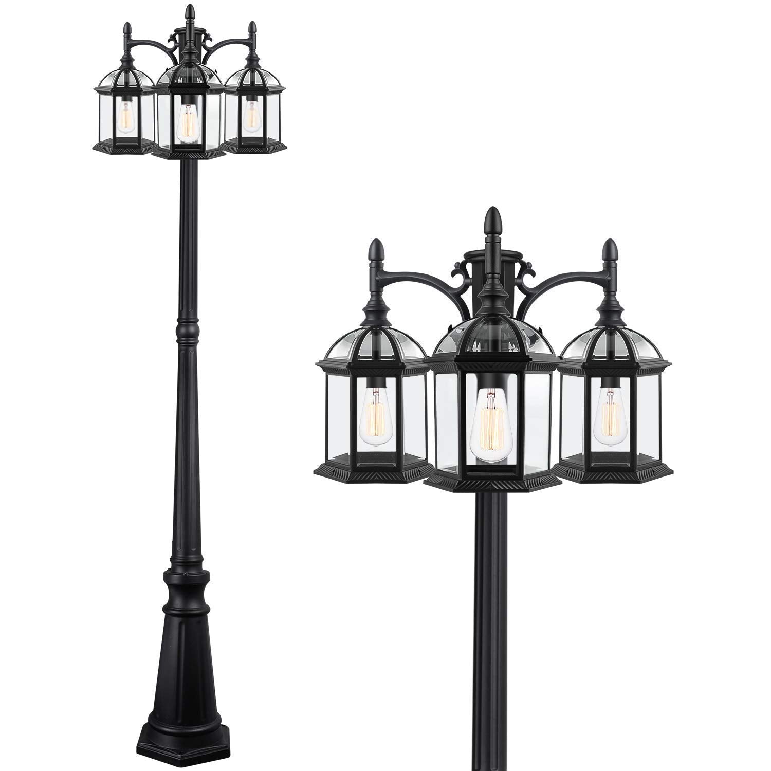 Partphoner Aluminum Outdoor Lamp Post, 3-Head Modern Street Light With Clear Glass Panels