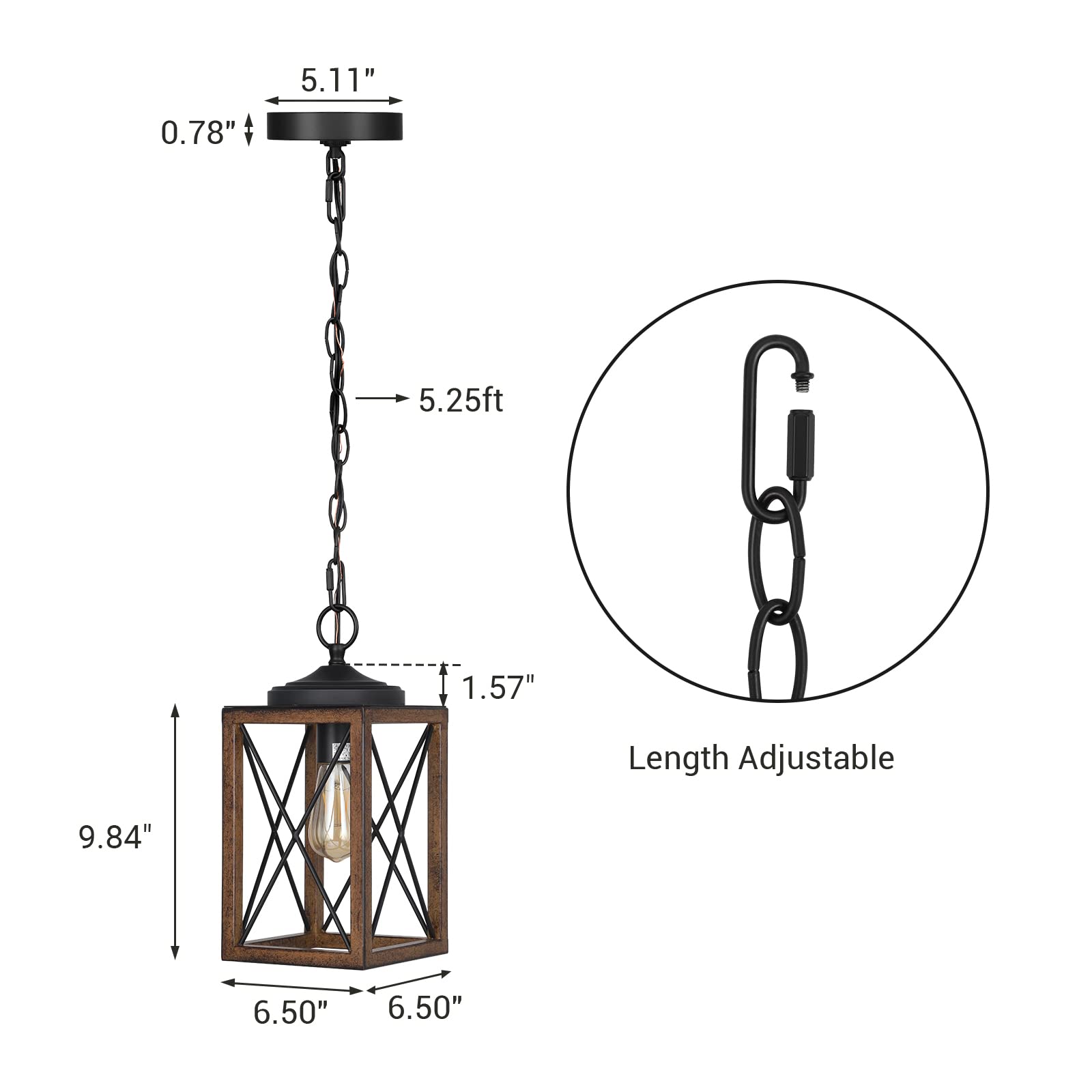 EDISHINE Farmhouse Pendant Light, Metal Hanging Light Fixture with Wooden Grain Finish, 63 Inch Adjustable Chain for Flat and Sl