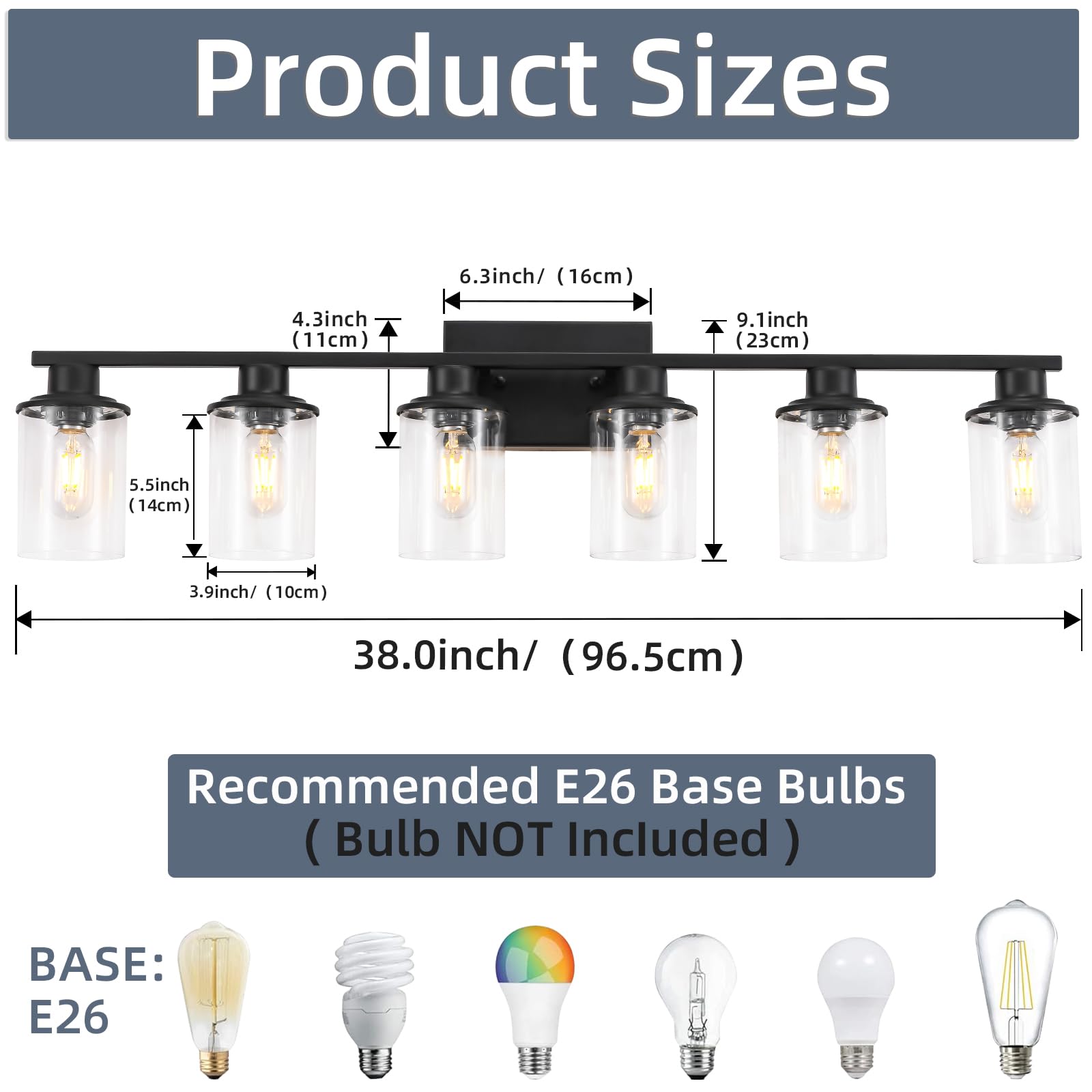 LOUSACE 6 Light Bathroom Vanity Light, Matte Black Metal Fixture with Clear Glass Shades, Model 21-6-BL