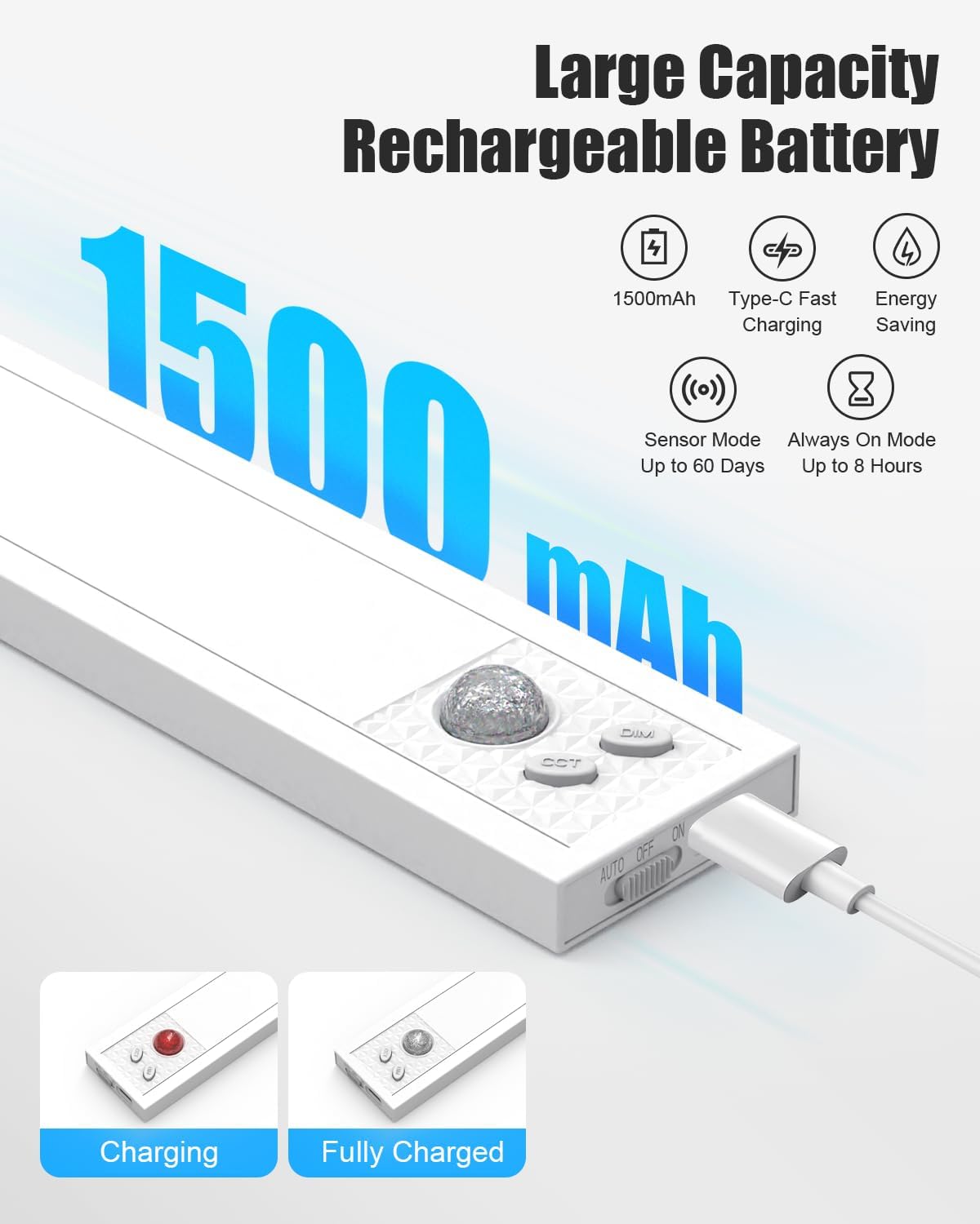 TheDeco LED Under Cabinet Lighting, 5CCT Motion Sensor, Rechargeable Battery Operated, 8 White, Magnetic Dimmable, 2 Pack