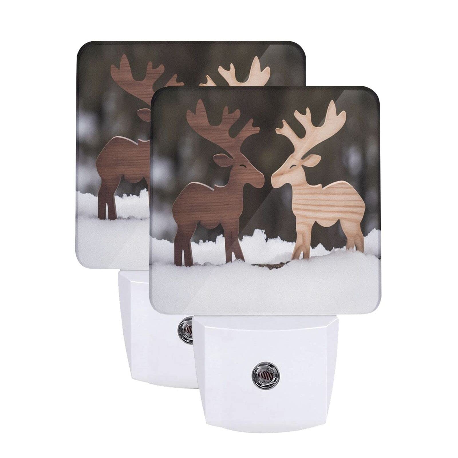 Aieefun Set of 2 Led Night Lights, Christmas Decoration Timber Moose Couple on White Snow Auto Dusk-to-Dawn Sensor Night Lamp Pl
