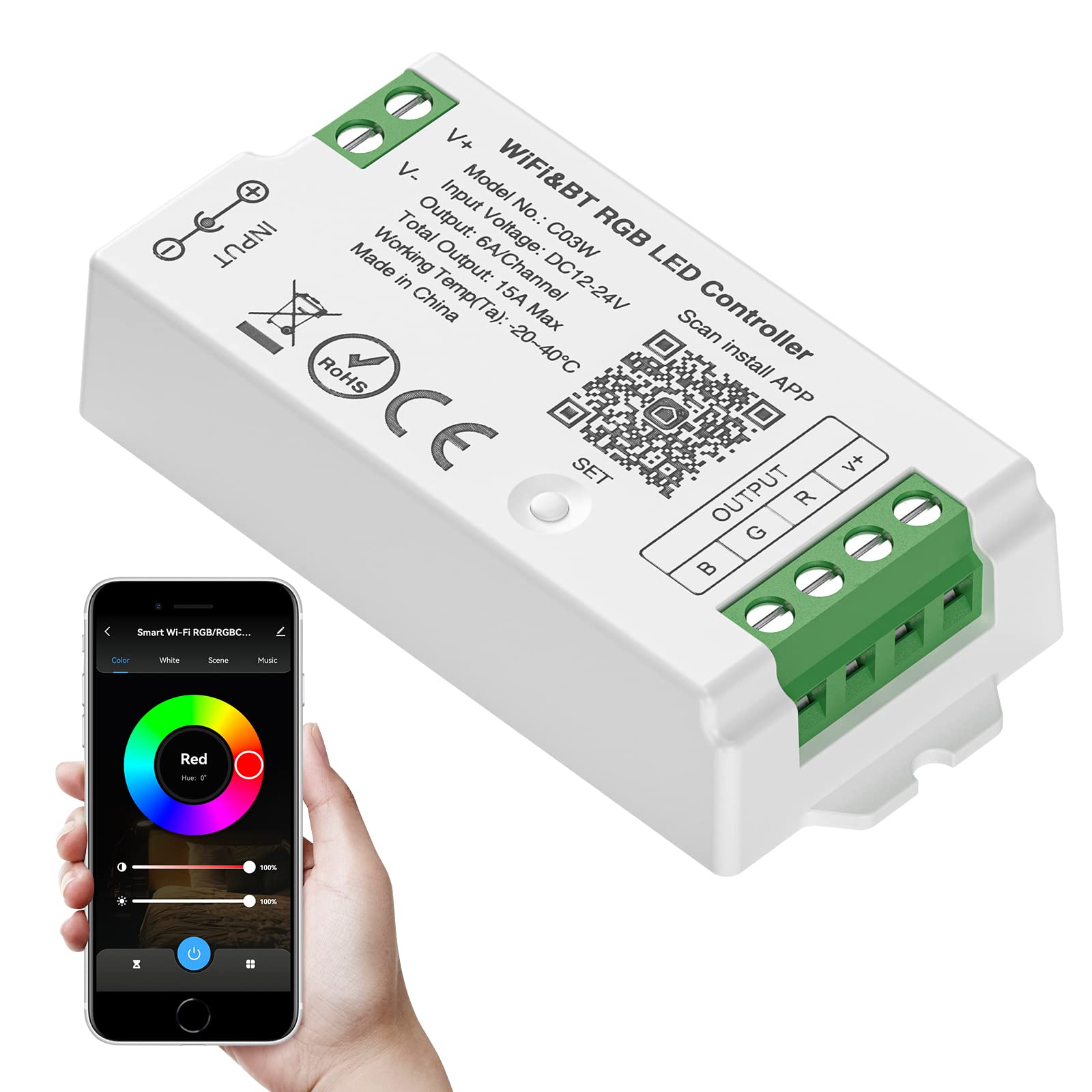 SEZO WiFi Bluetooth RGB LED Strip Controller, Tuya Smart Life App, Voice Control, Model M1C03W, DC12-24V