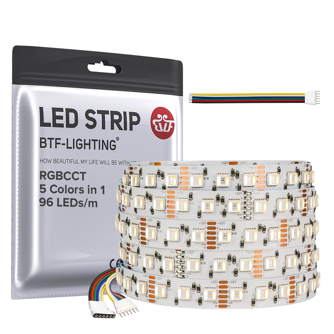 Btf-Lighting Rgbcct 5 Colors In 1 Led Tape Lights 5050Smd Rgbww Rgb+Dimmable Color Temperature 2700K-6500K 16.4Ft 96Led/M 480Led Ip30 Dc12V White Pcb For Home Decoration(No Adapter Or Controller)