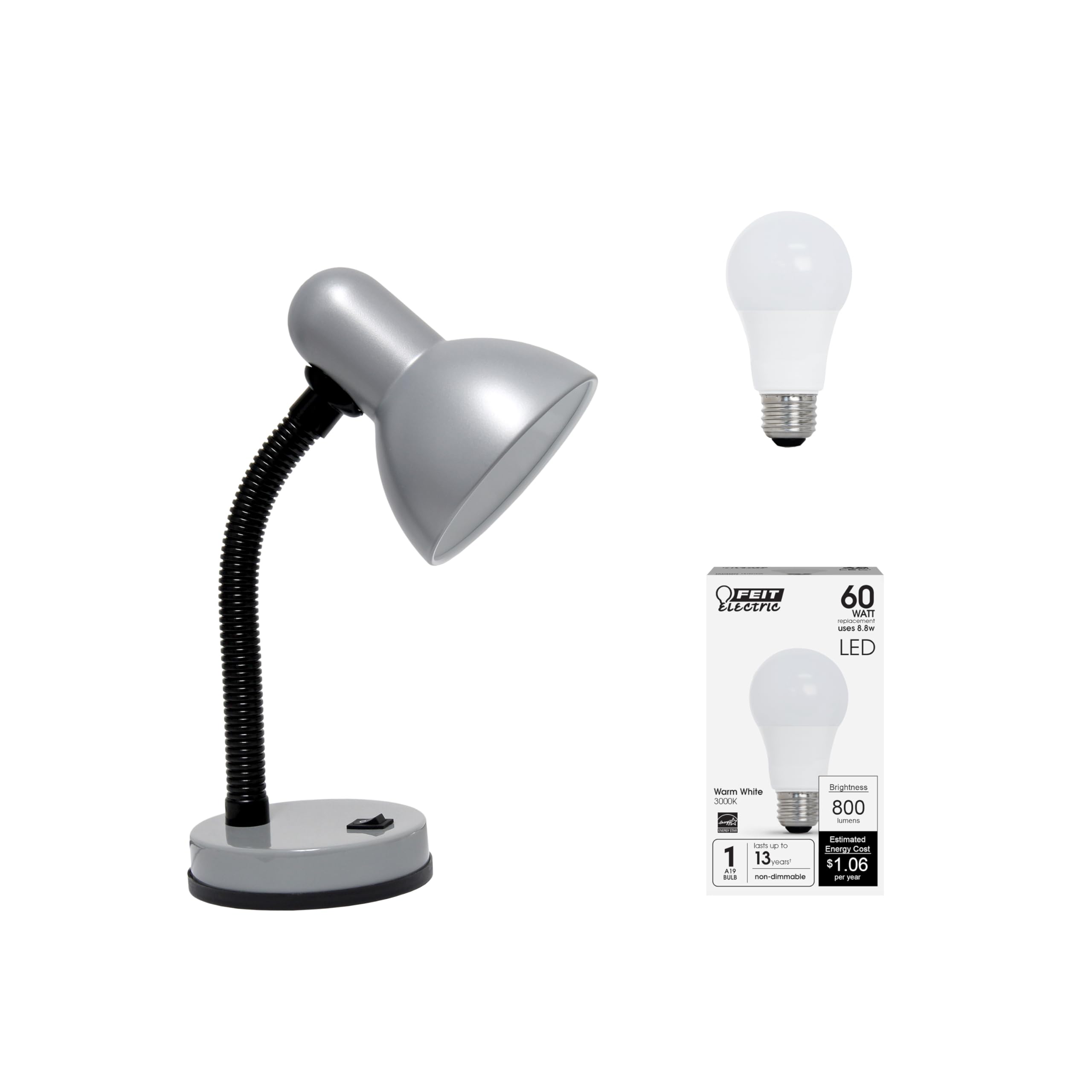 Simple Designs Ld1003-Slv-Lb 14.25'' Basic Metal Desk Lamp With Flexible Hose Neck For Office, Living Room, Bedroom, College Dor