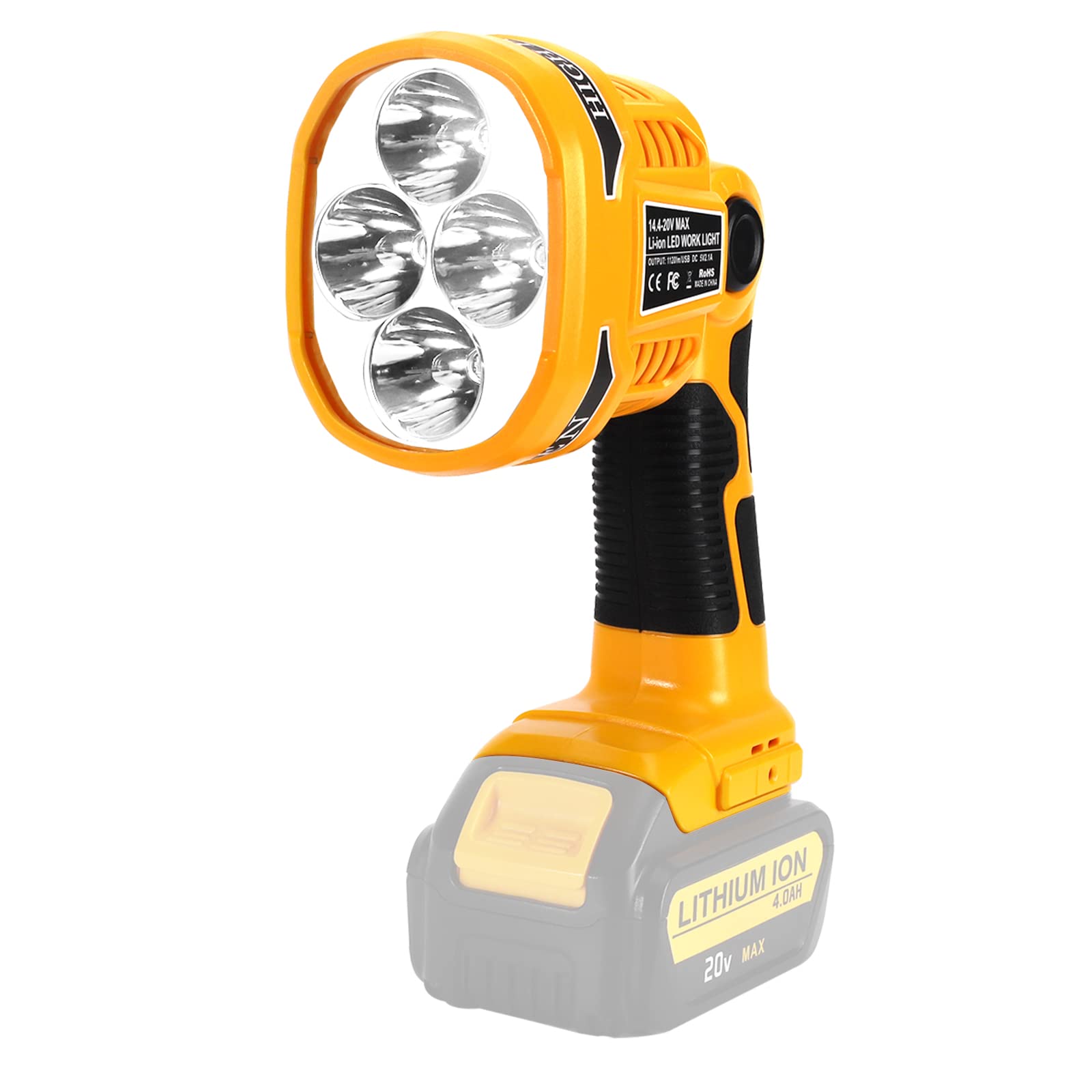 YEX-BUR Flashlight for Dewalt 20v Battery, 12W 1120LM LED Work Light, Portable Spotlight with USB Port, 4 Modes, 110 Degree Pivo
