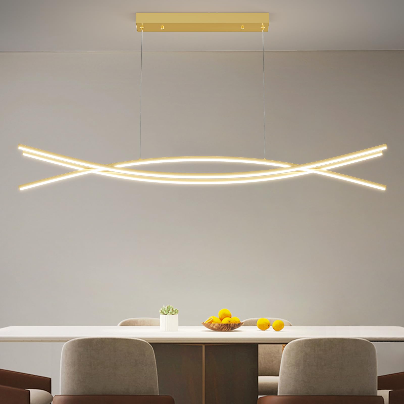Modern Ceiling Chandelier Light, 39In Gold Pendant Light Fixtures With Remote Control 3000K-6500K Adjustable Color Temperature, Aluminum Island Lighting Lamp For Dining Room, Living Room, Island