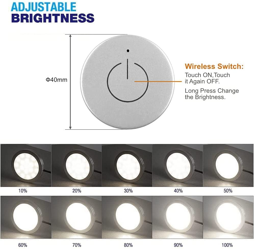 Vst Under Cabinet Lighting 12V 2W(12W Total  60W Equivalent) With Wireless Dimmer Switch  Recessed Or Surface Mount For Kitchen Wardrobe 6 Pack Silver Puck Lights 4000K