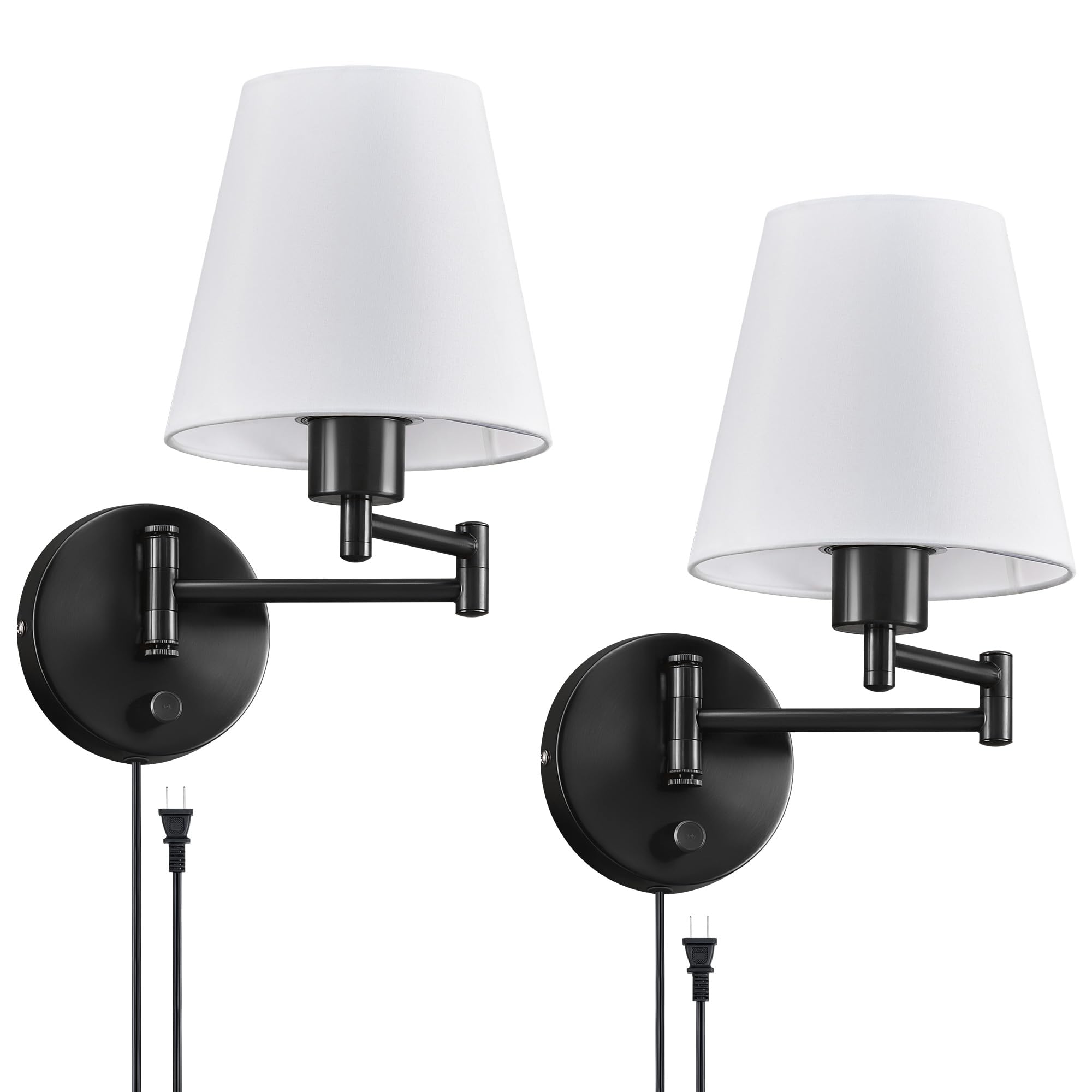 VONLUCE Wall Sconce Set of 2, Adjustable Swing Arm Lamps, Fabric Shade, Black