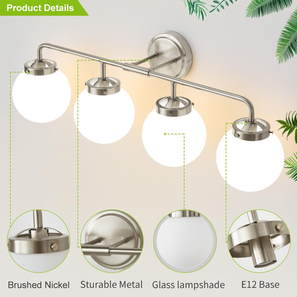 Deyidn Bathroom Light Fixtures Over Mirror, Brushed Nickel Modern Vanity Lighting With Milk White Glass Globe Shades 4-Light Far