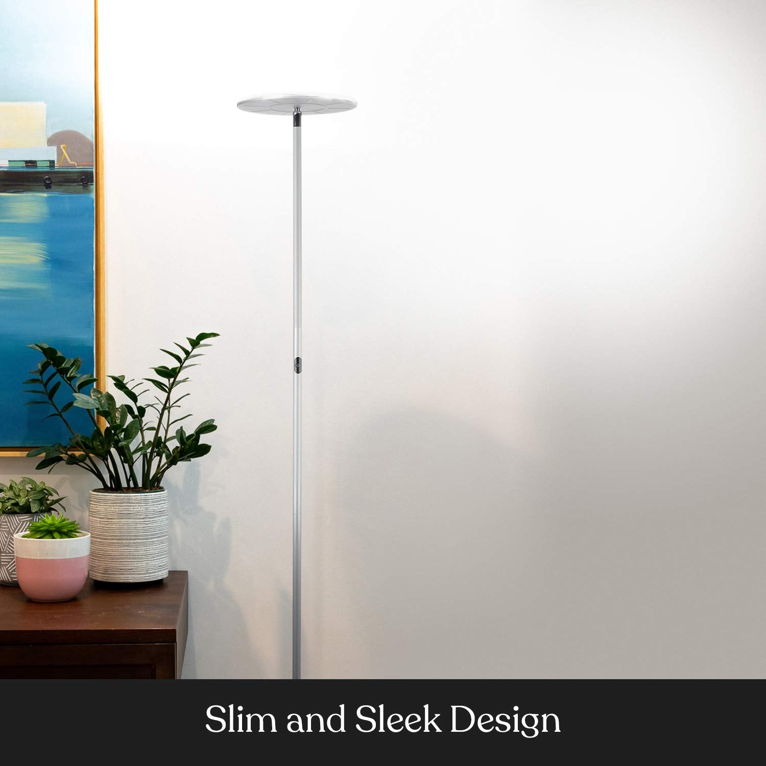 Brightech Sky Flux Dimmable LED Floor Lamp - Silver, Metal, 3 Light Options, Tall Torchiere for Living Room and Bedroom