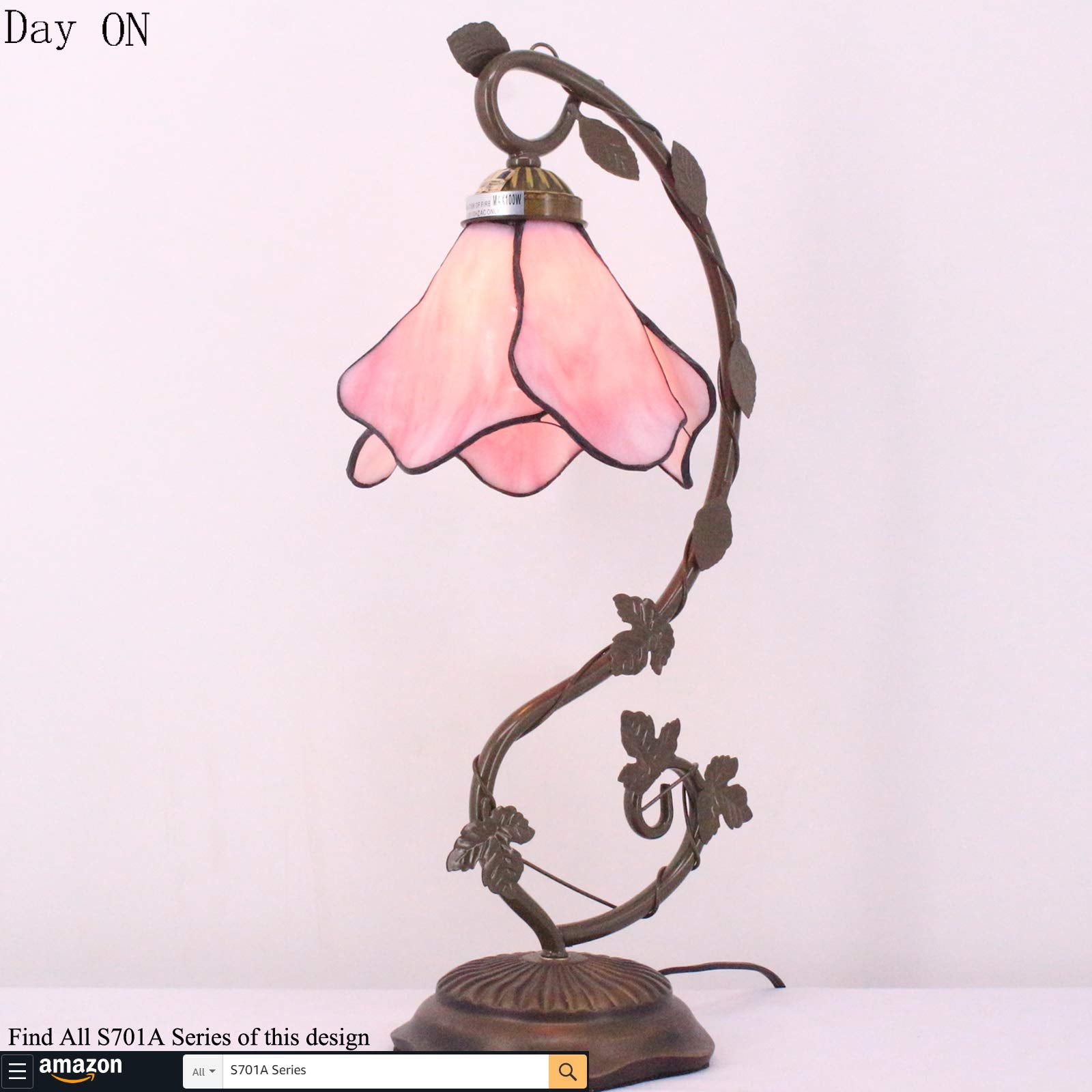 WERFACTORY Tiffany Lamp - Pink Stained Glass Table Lamp, 8X10X21 Inches, Metal Leaf Design for Bedroom & Home Office, S701 Series
