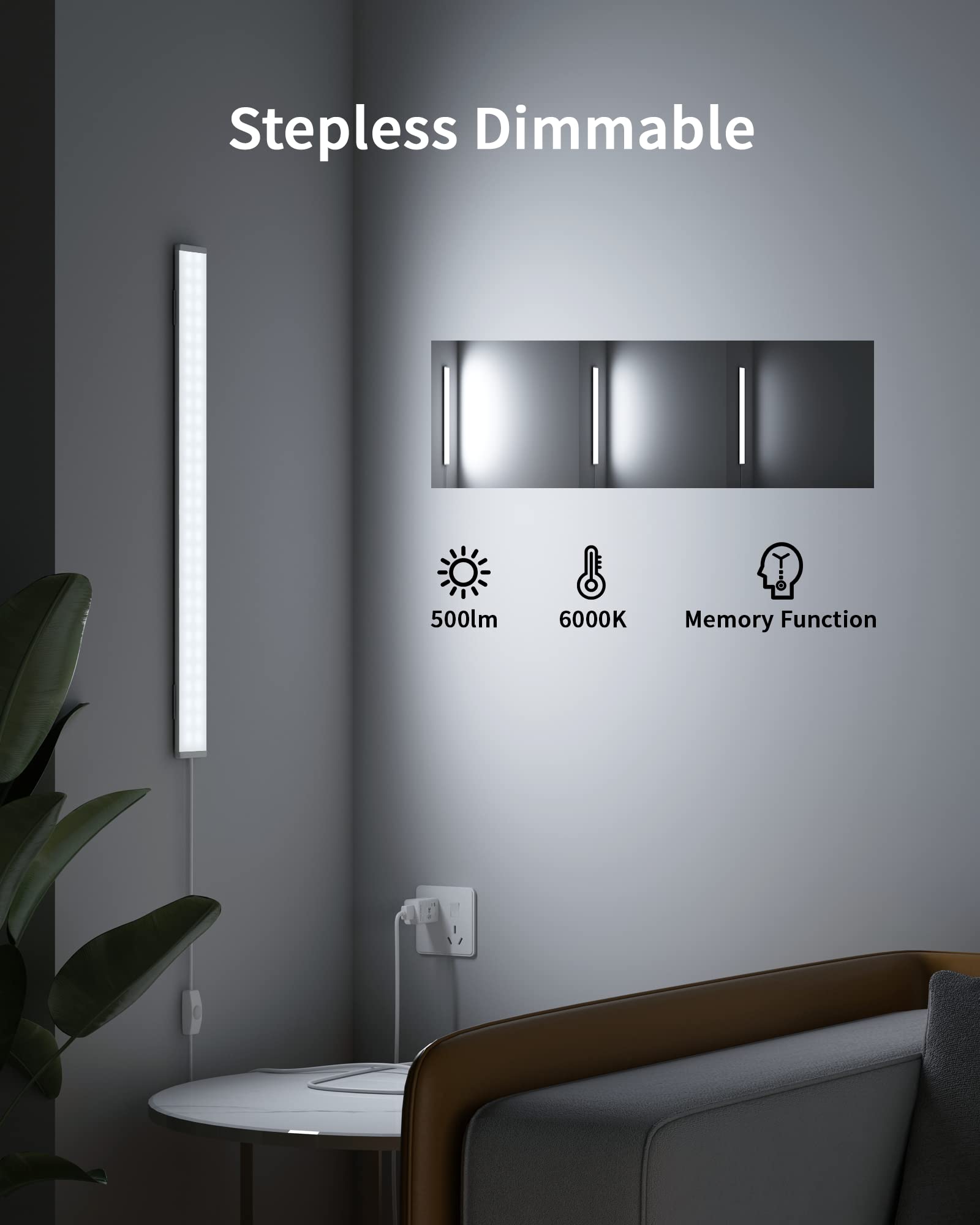 Asoko Under Cabinet Light, Upgrade 16Inch Led Closet Light With Dimmable 6000K Cool White And Memory Function, Plug-In Under Cou