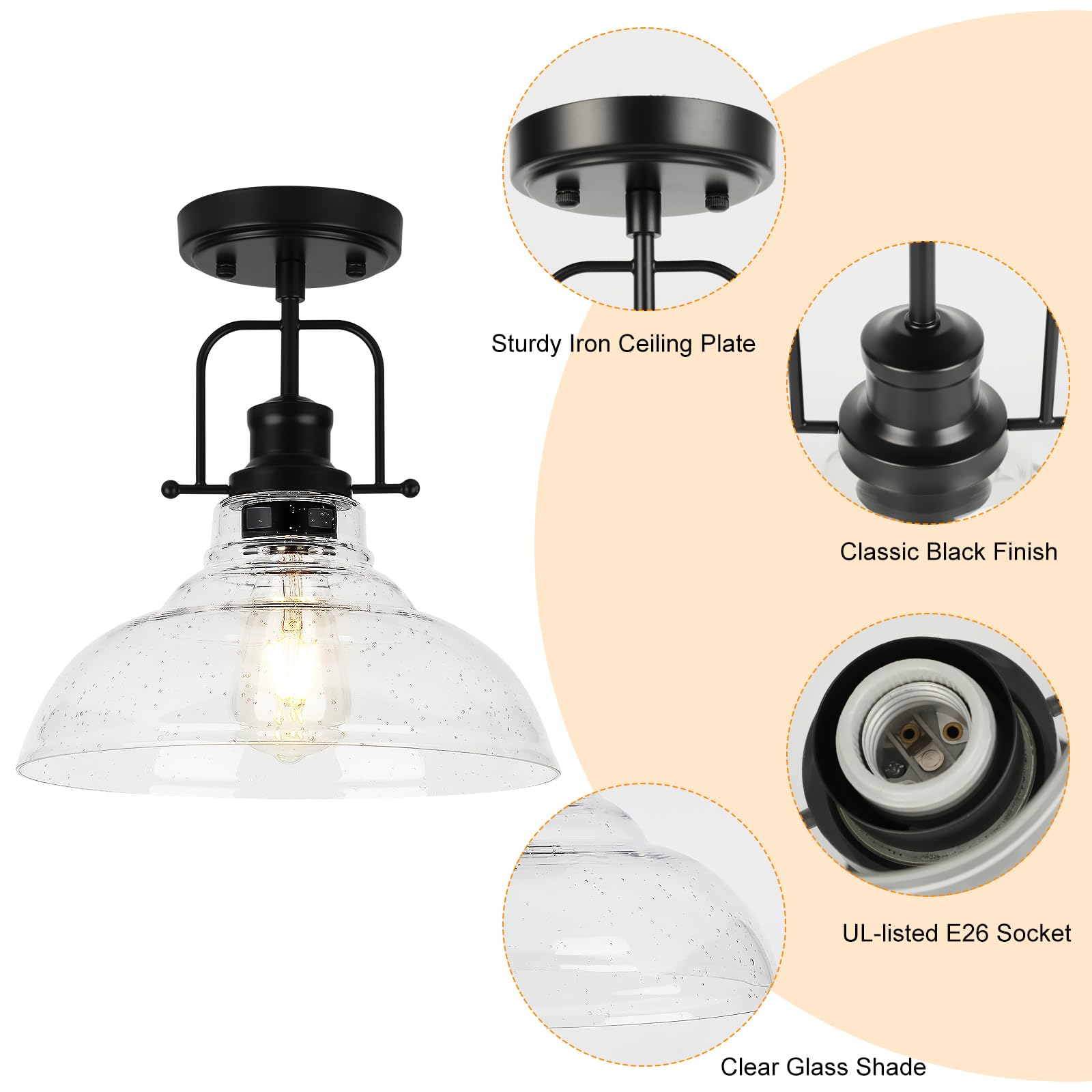 Wilon 2 Pack 11'' Seeded Glass Ceiling Light Fixture Black Semi Flush Mount Ceiling Light Fixture Modern Farmhouse Lighting Fixt