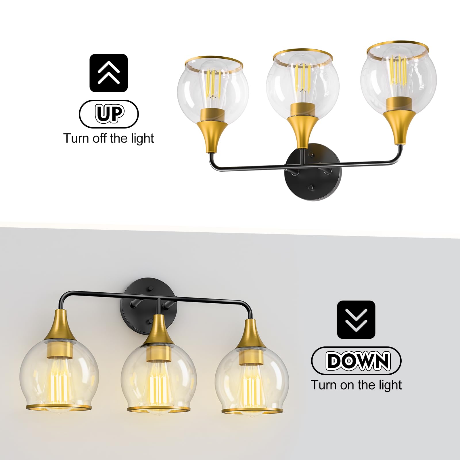 Lightania Bathroom Light Fixtures, 3-Light Vanity Lights With Clear Globe Glass Shade, Modern Black And Gold Bathroom Vanity Lig