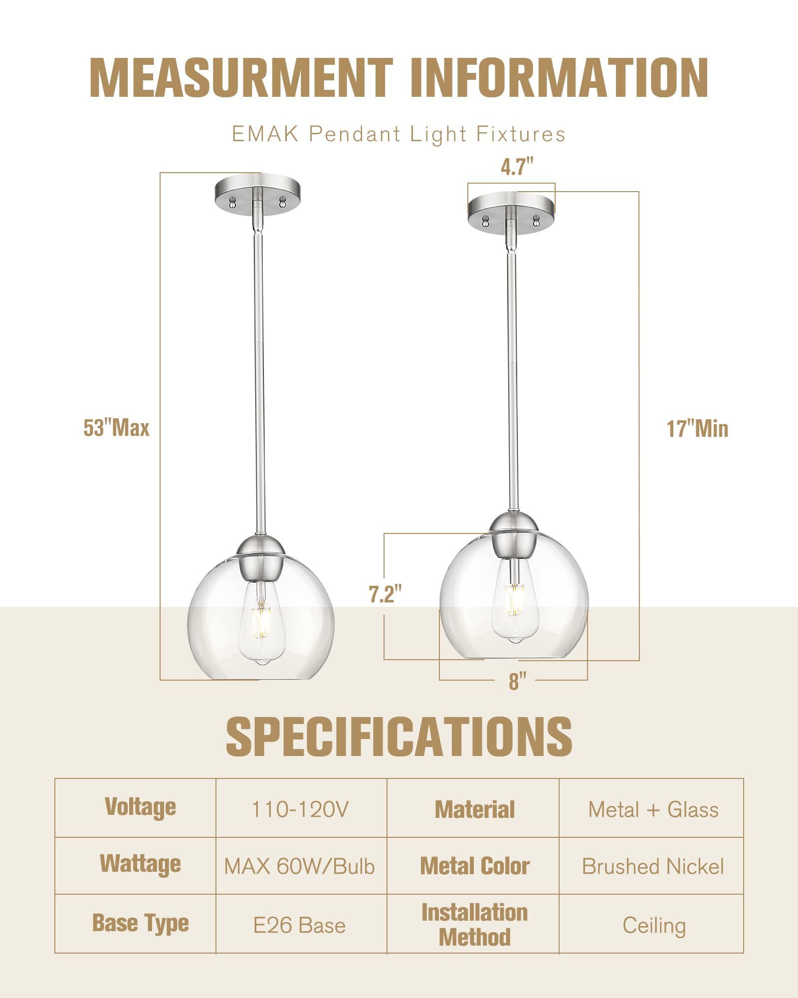 Emak 2 Pack Brushed Nickel Pendant Lights Kitchen Island, 8 Inch Globe Pendant Lighting With Clear Glass Shade, Modern Hanging L