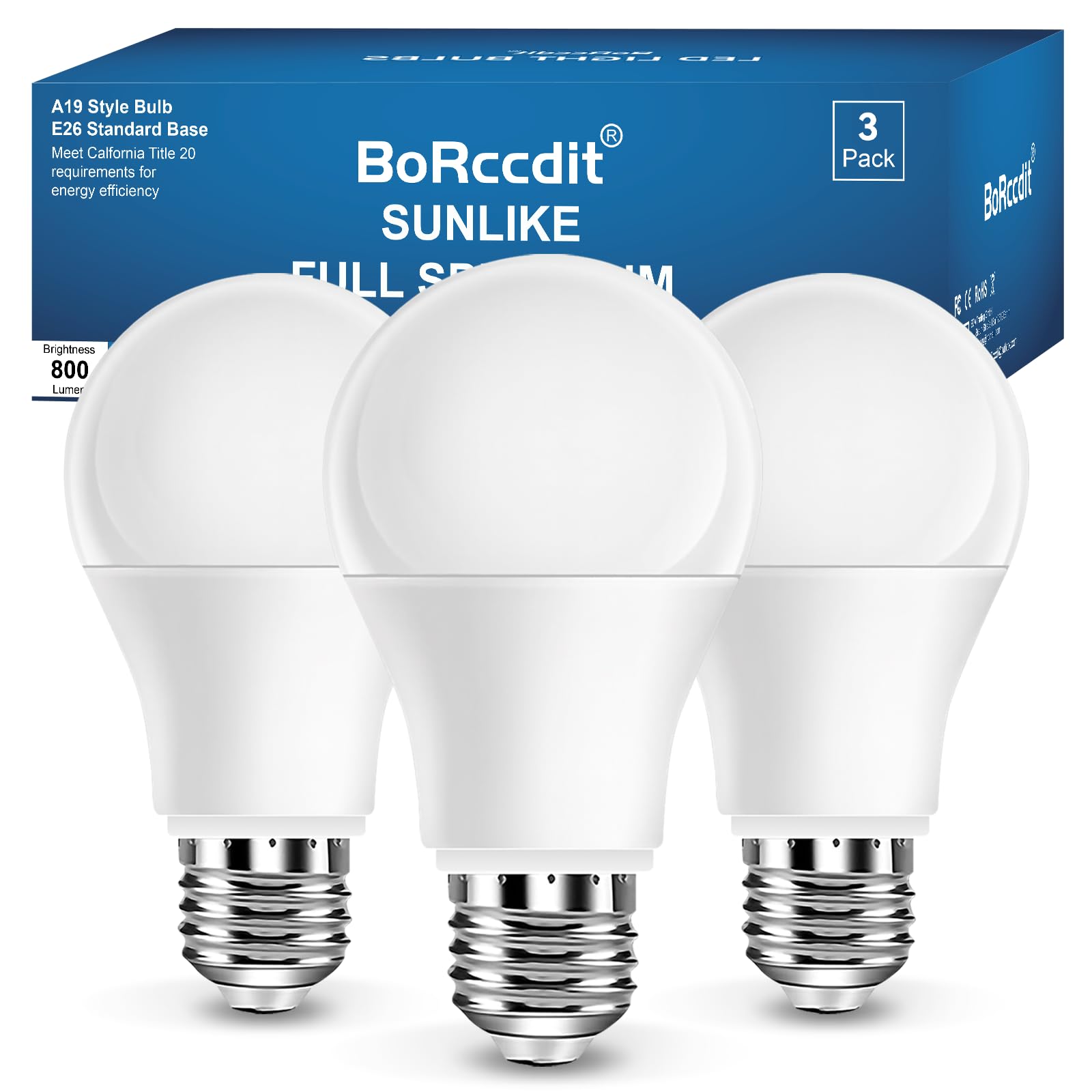 Borccdit Full Spectrum Light Bulb, 6000K Natural Sunlight Bulbs, Bright Light Bulbs 9W 60W Equivalent, Cool White Comfortable Li