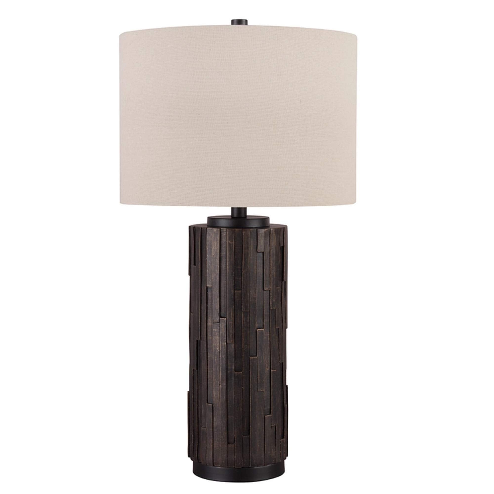Benjara Textured Polyresin Frame Table Lamp With Drum Shade, White And Bronze
