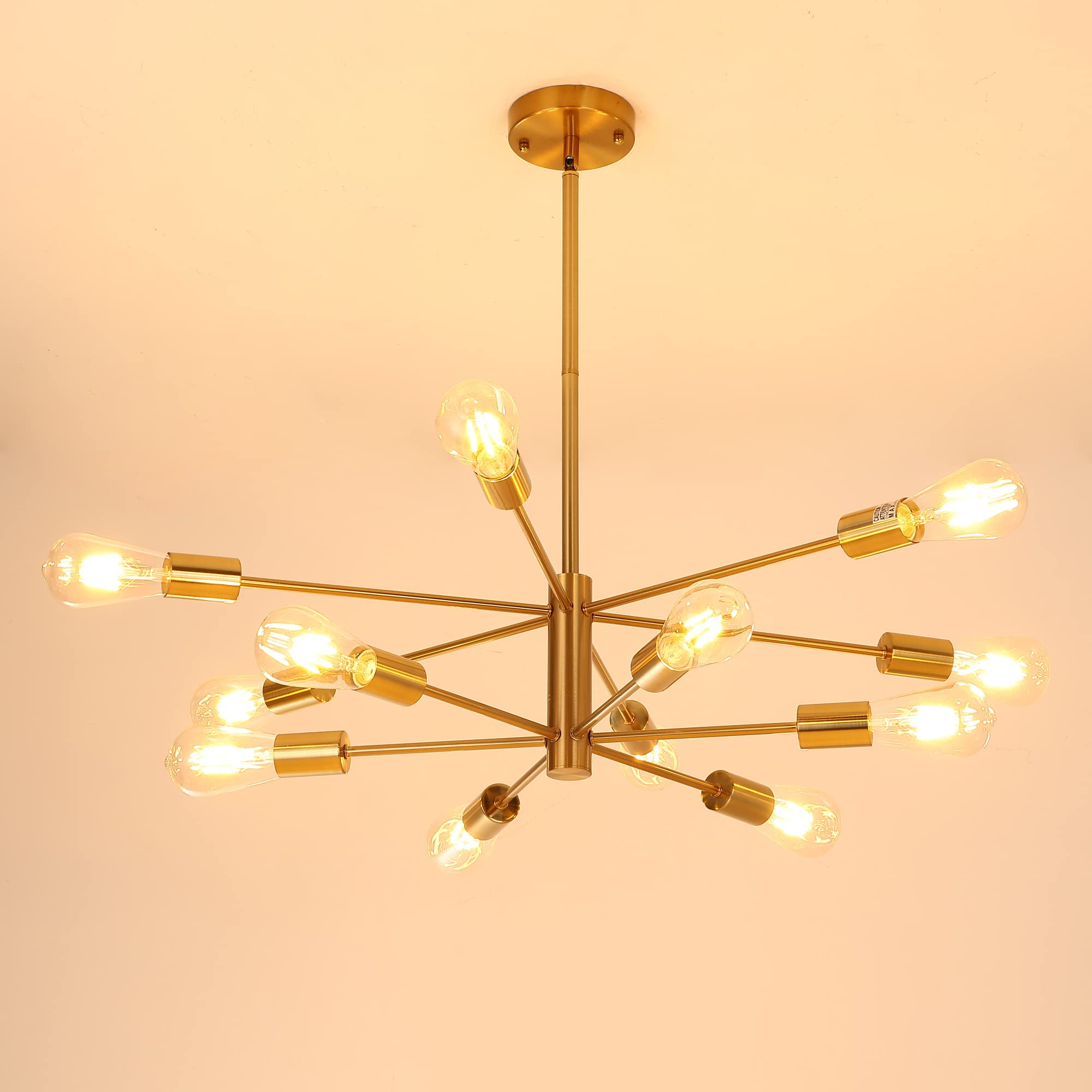 Humhold 12-Light Modern Sputnik Chandelier, Mid Century Gold Ceiling Chandeliers, E26 Base, Branch Height Adjustable Pendant Lighting Fixture For Kitchen Island Dining Room Living Room Bedroom