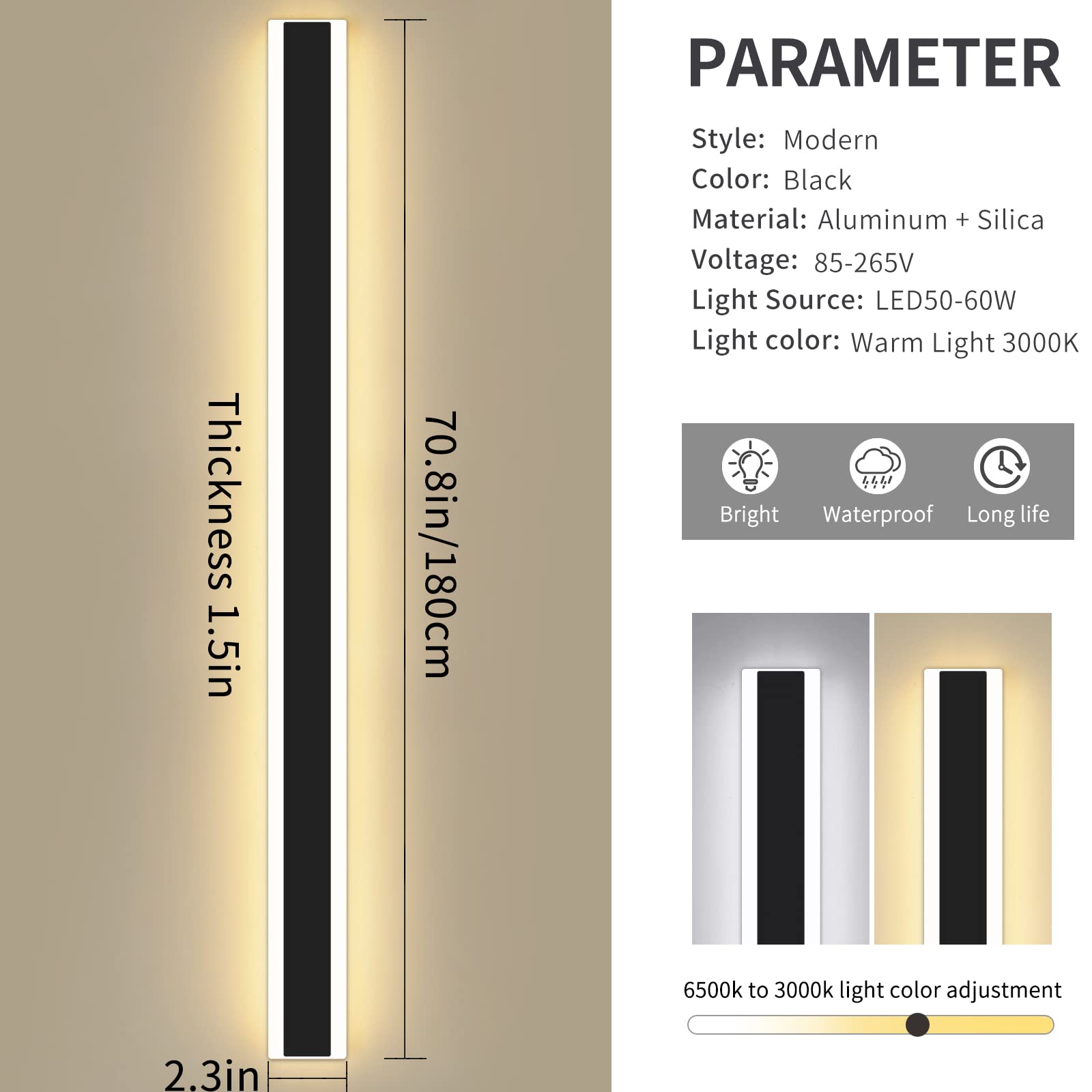 Modern 70.8Inch Outdoor Wall Light, 3000K/4500K/6000K 3 Color Change Black Exterior Light Fixtures Wall Mount, Ip65 Waterproof Modern Porch Lights Wall Sconce, Long Linear Outside Lighting Hard-Wired