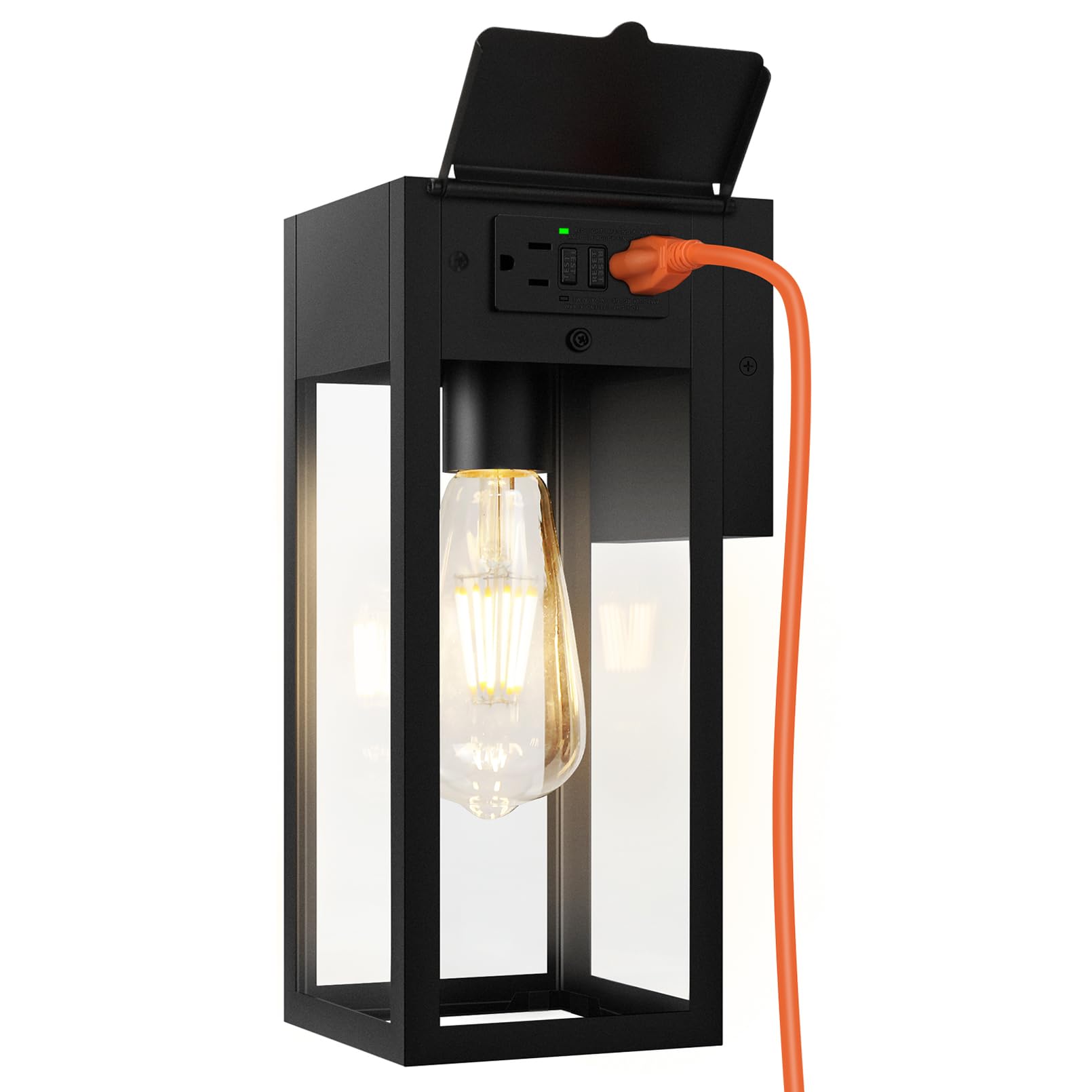 OYKYOHEI Outdoor Wall Sconce Light with GFCI Outlet, Waterproof Metal Lantern, Black, No Sensor, Model TSU-B05053GP-1PUS