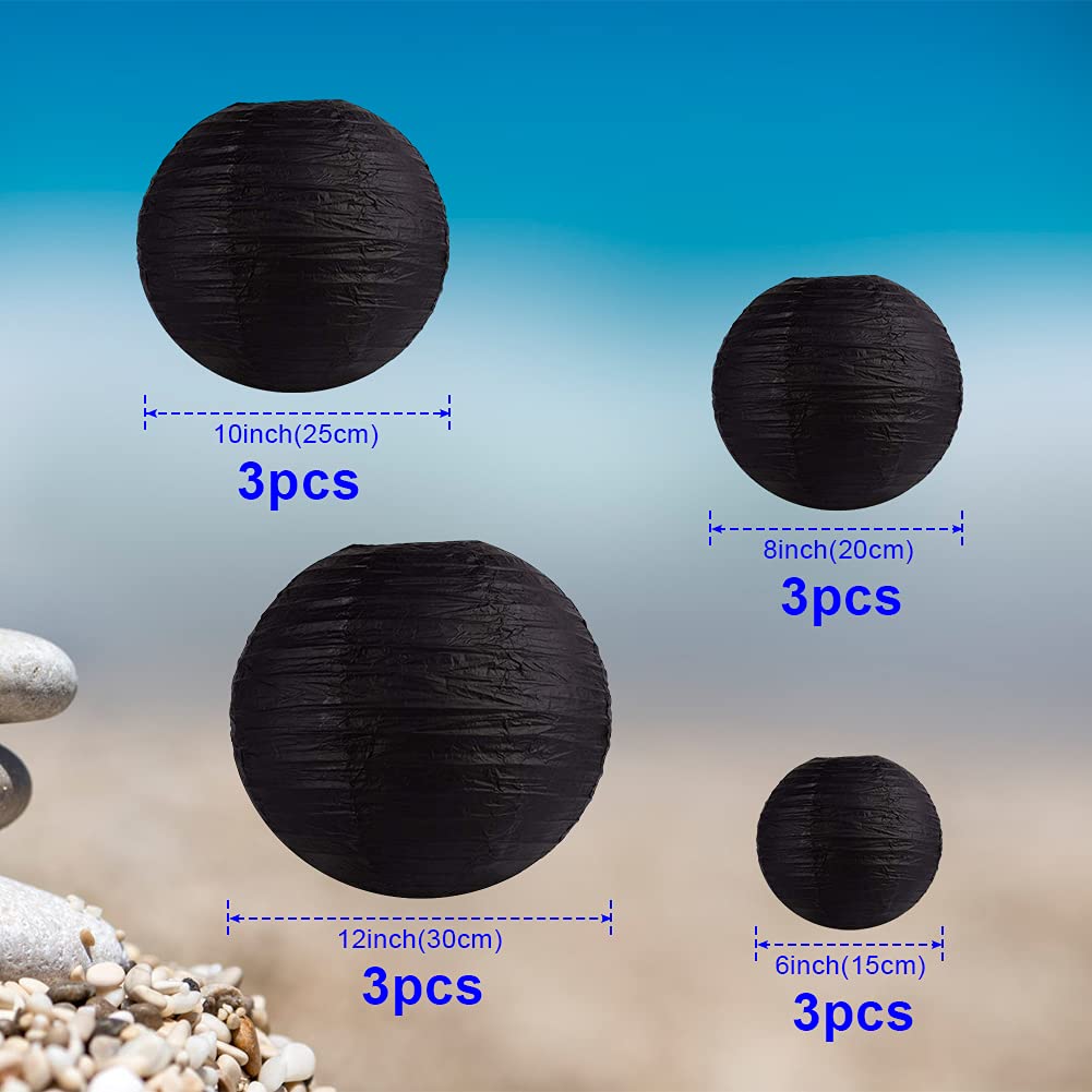 Famolay Black Paper Lanterns 12 Pcs Assorted Size Of 6'' 8'' 10'' 12'' Chinese Round Paper Hanging Decorations Ball Lanterns Lam