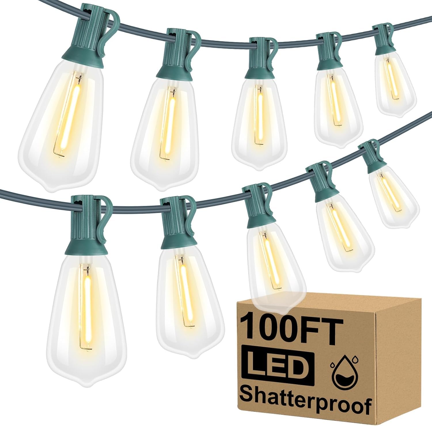 Brightever LED Outdoor String Lights 100FT with 52 Shatterproof ST38 Vintage Edison Bulbs, Outside Hanging Lights Waterproof for