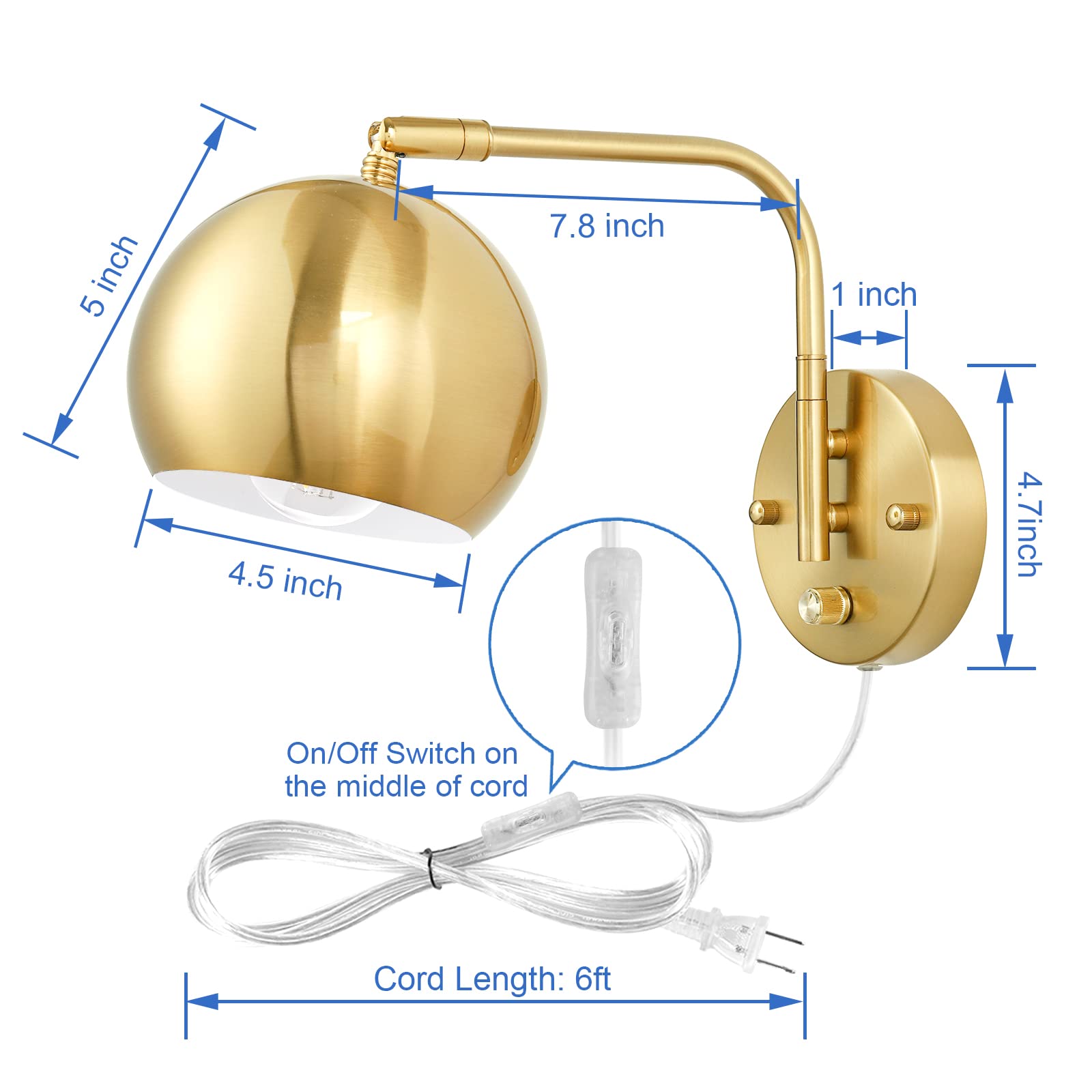Vatoni Wall Sconces Plug In, Dimmable Wall Sconce Swing Arm Wall Lights With Plug In Cord And Dimmer On/Off Knob Switch, Brushed