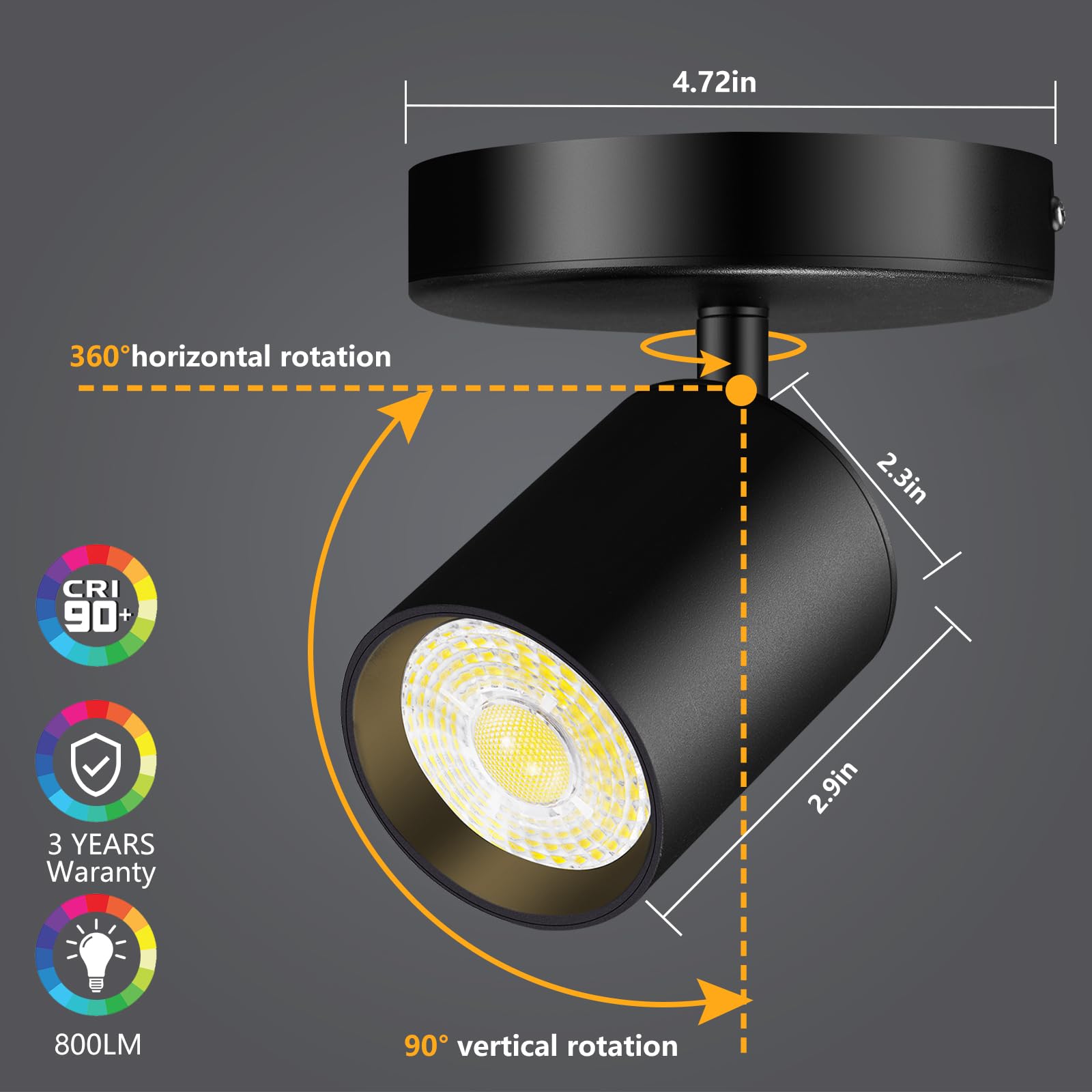 Vanoopee Dimmable Led Ceiling Spotlight 10W 800Lm, 3000K, Black, 2 Pack -