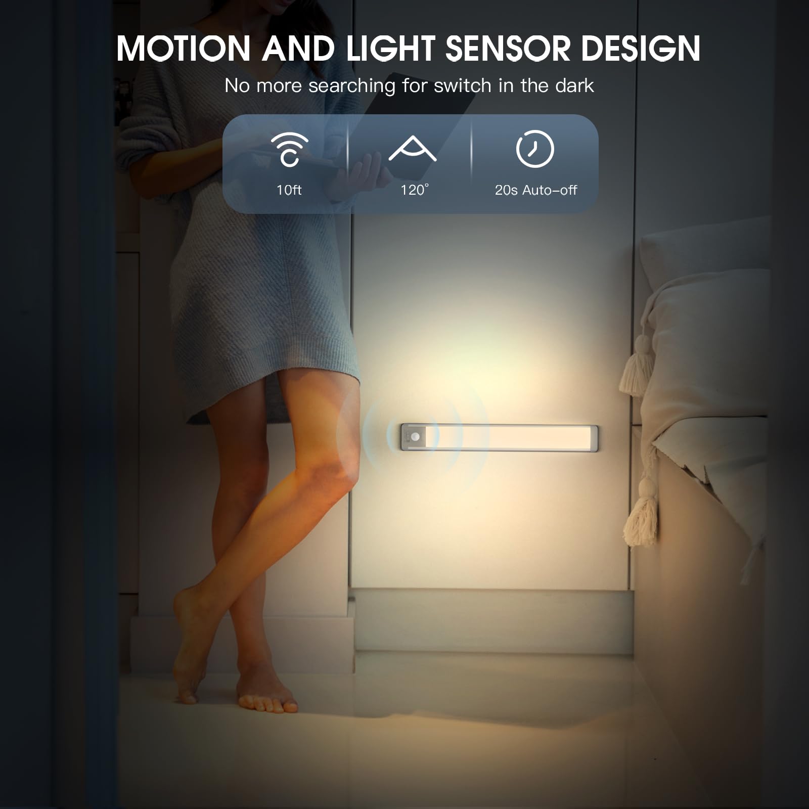 MCGOR 10" Under Cabinet Lighting, Rechargeable Motion Sensor, Warm White, Aluminum, Model GLS-C010, 2 Pack