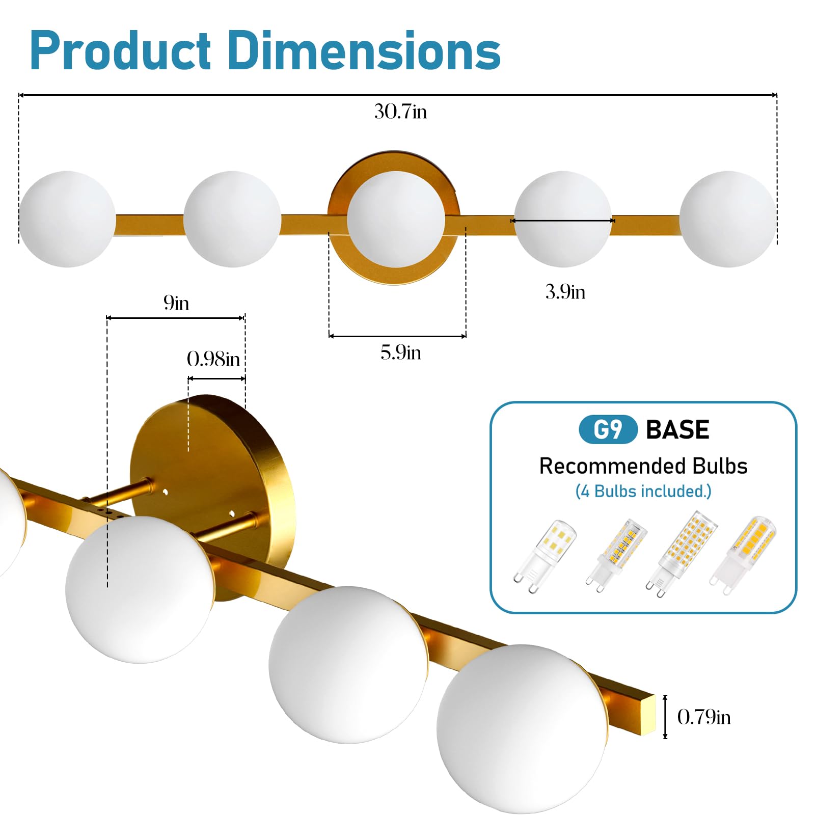 Lightdot 31'' 5-Light Modern Bathroom Vanity Light | Matte Gold Straight Frame With White Globe Water/Shatterproof Shades | Dimm