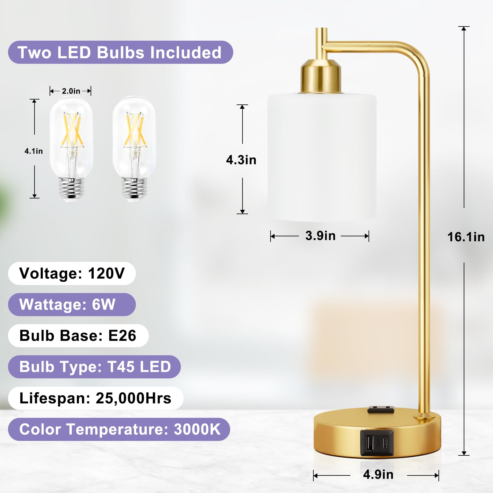 Innqoo Industrial Gold Table Lamps For Bedrooms Set Of 2-3-Way Dimmable Desk Lamp With Usb C+A Ports And Outlet, Gold Lamps With Opal Glass Shade For Living Room, Desk Lamps For Home Office