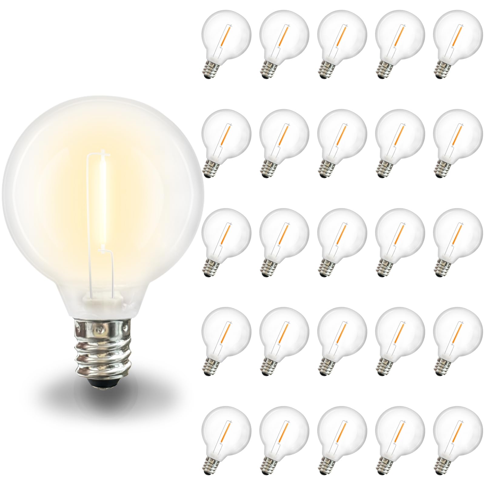 Pallerina G40 Led Replacement Light Bulbs 25 Pack, E12/C7 Candelabra Screw Base Shatterproof Dimmable Globe Bulbs For Indoor Out