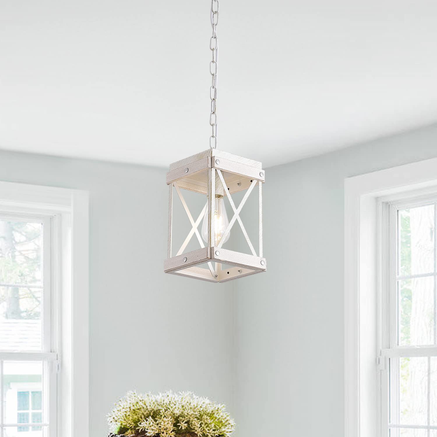 Fivess Lighting Mini Pendant Light, Distressed Wood & Metal Cage, One-Light Adjustable Chains, Model 6974443060324