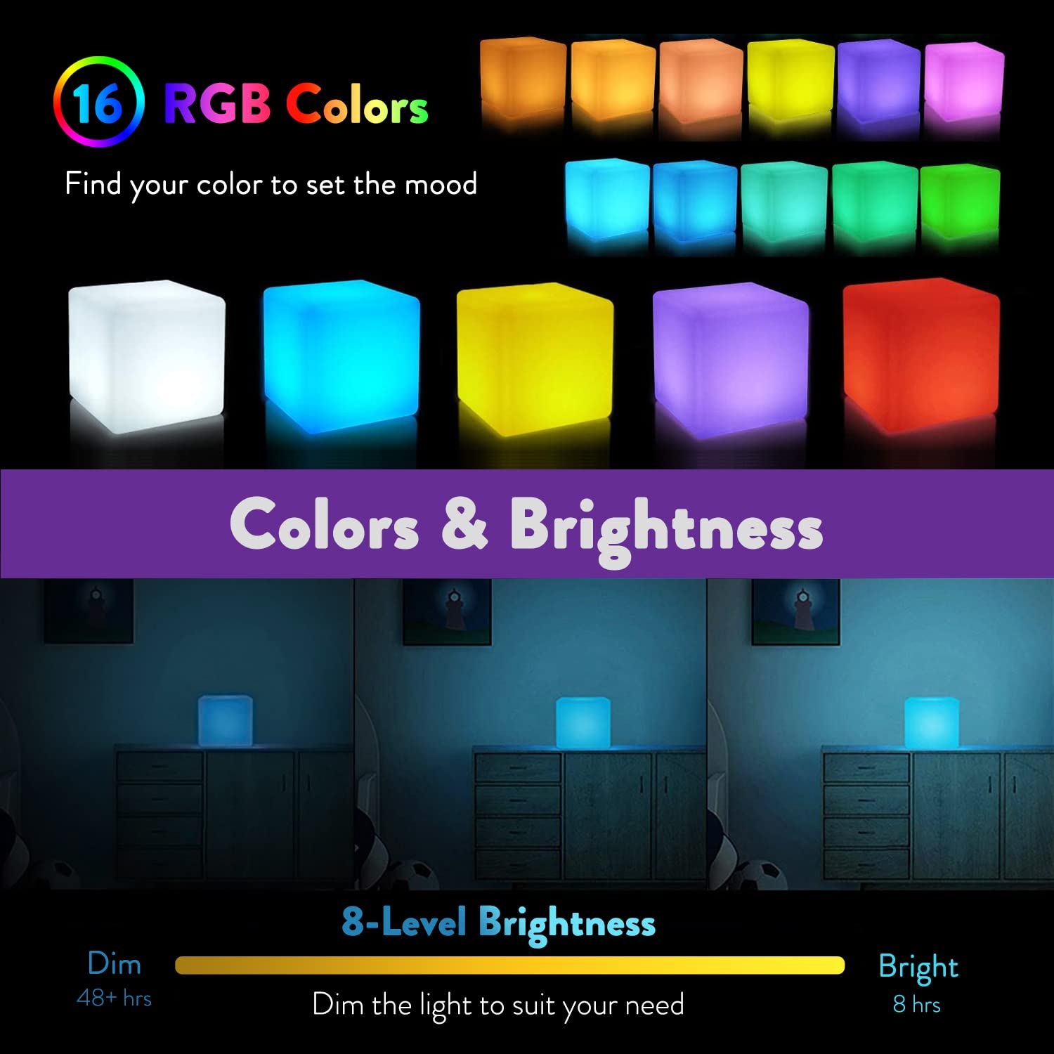 Mr.Go LED Cube Light, 10-inch Rechargeable, 16 RGB Colors, Dimmable, Waterproof, Indoor/Outdoor, Model CQ-C102