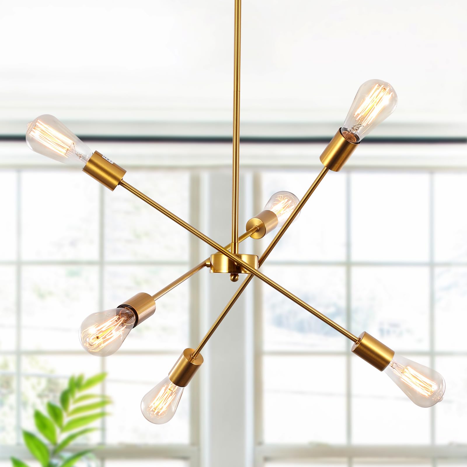 TYNEWRGY Gold Sputnik Chandelier 6 Lights Modern Industrial Ceiling Light Mid Century Vintage Contemporary Pendant Dining Room Lighting Fixtures Hanging
