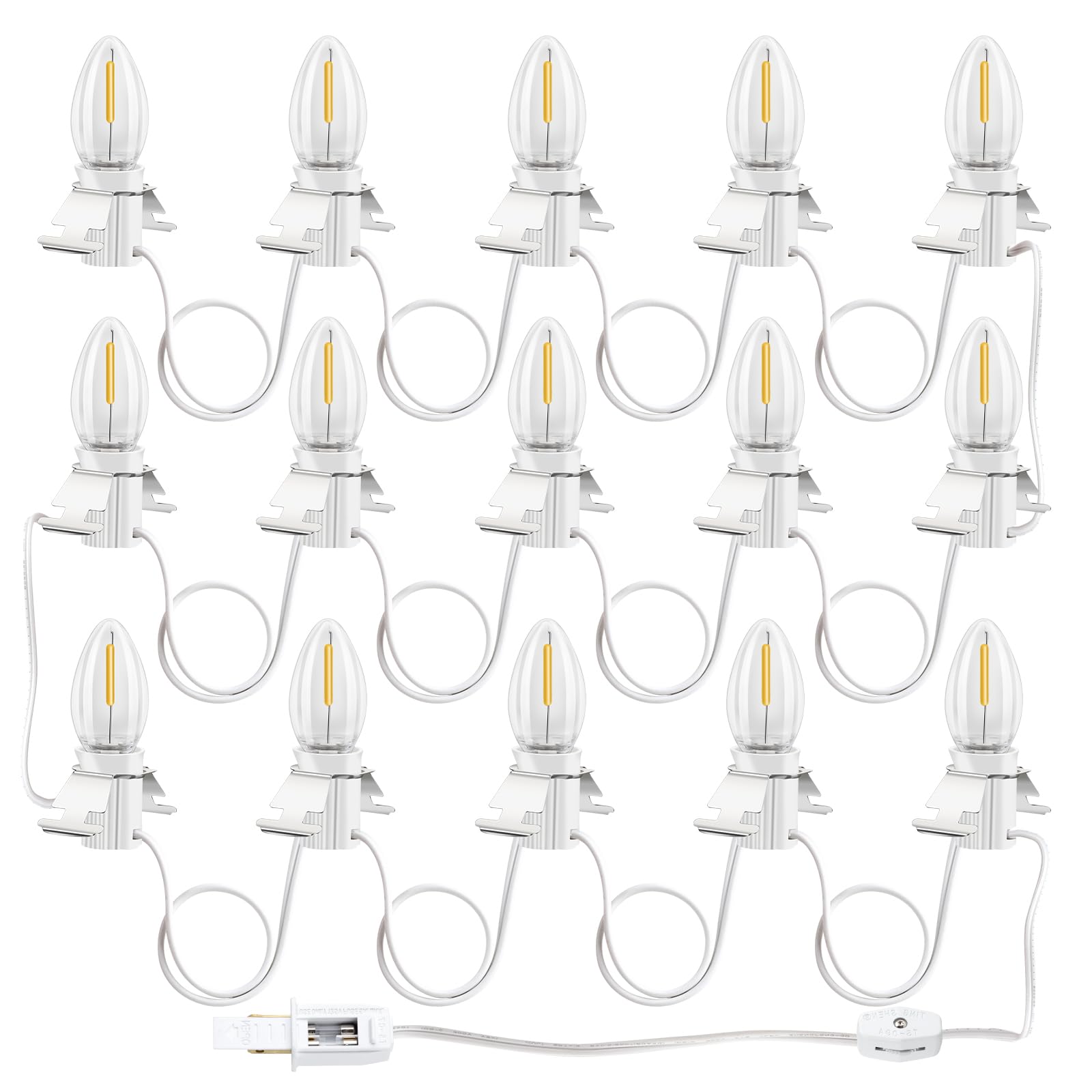 C7 Accessory Cord with 15 LED Light Bulbs and Outlet Christmas Village Light 17.7 FT with Spare Fuse Warm White Lamp, for Xmas Village Pumpkin Crafts Holiday Decor